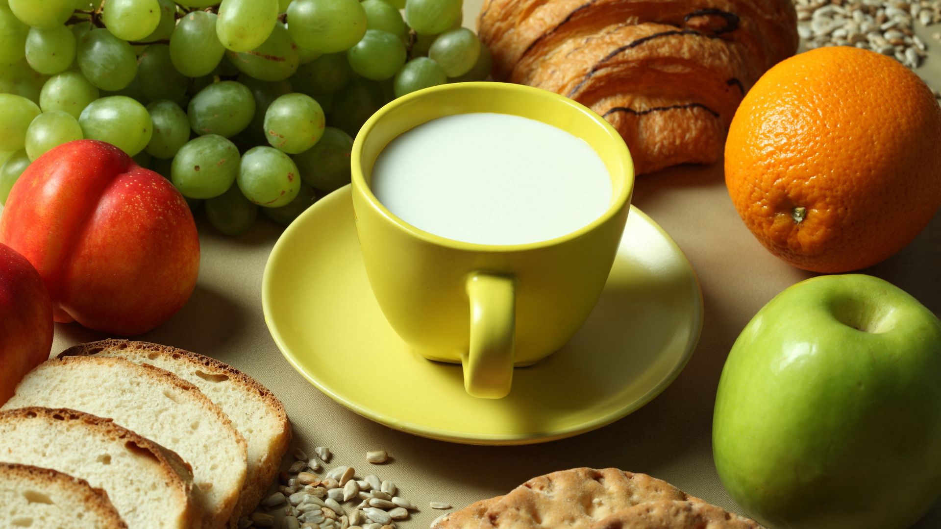 Download mobile wallpaper Food, Milk, Bread, Fruits for free.