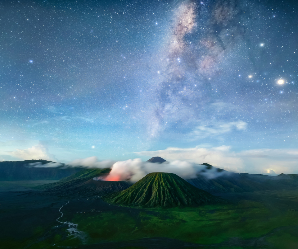 Download mobile wallpaper Landscape, Nature, Sky, Mountains, Mountain, Starry Sky, Earth, Milky Way, Volcano for free.