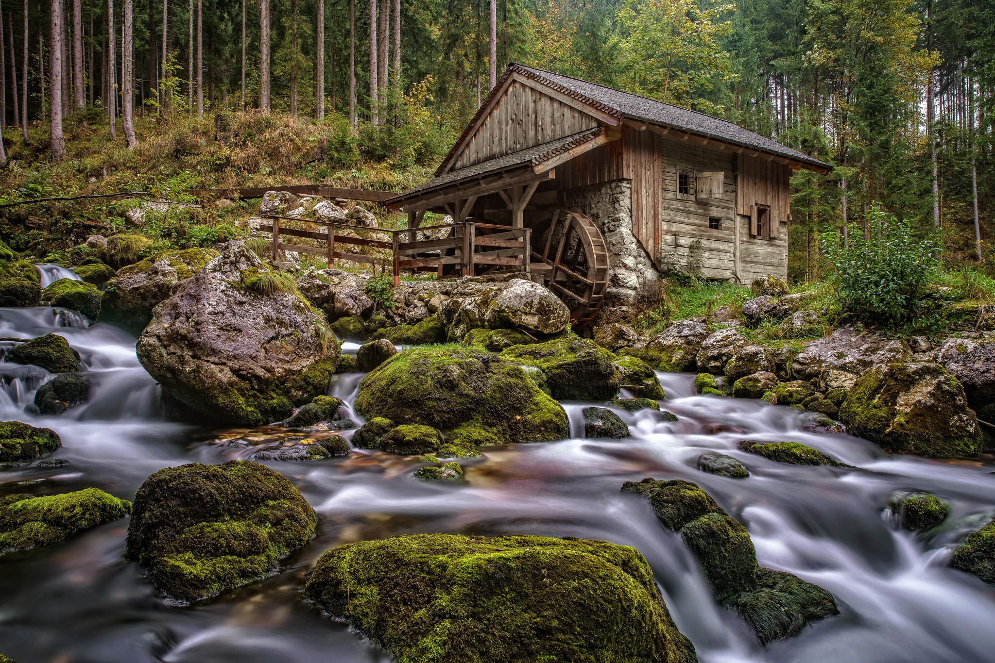 Download mobile wallpaper Moss, Stream, Man Made, Watermill for free.