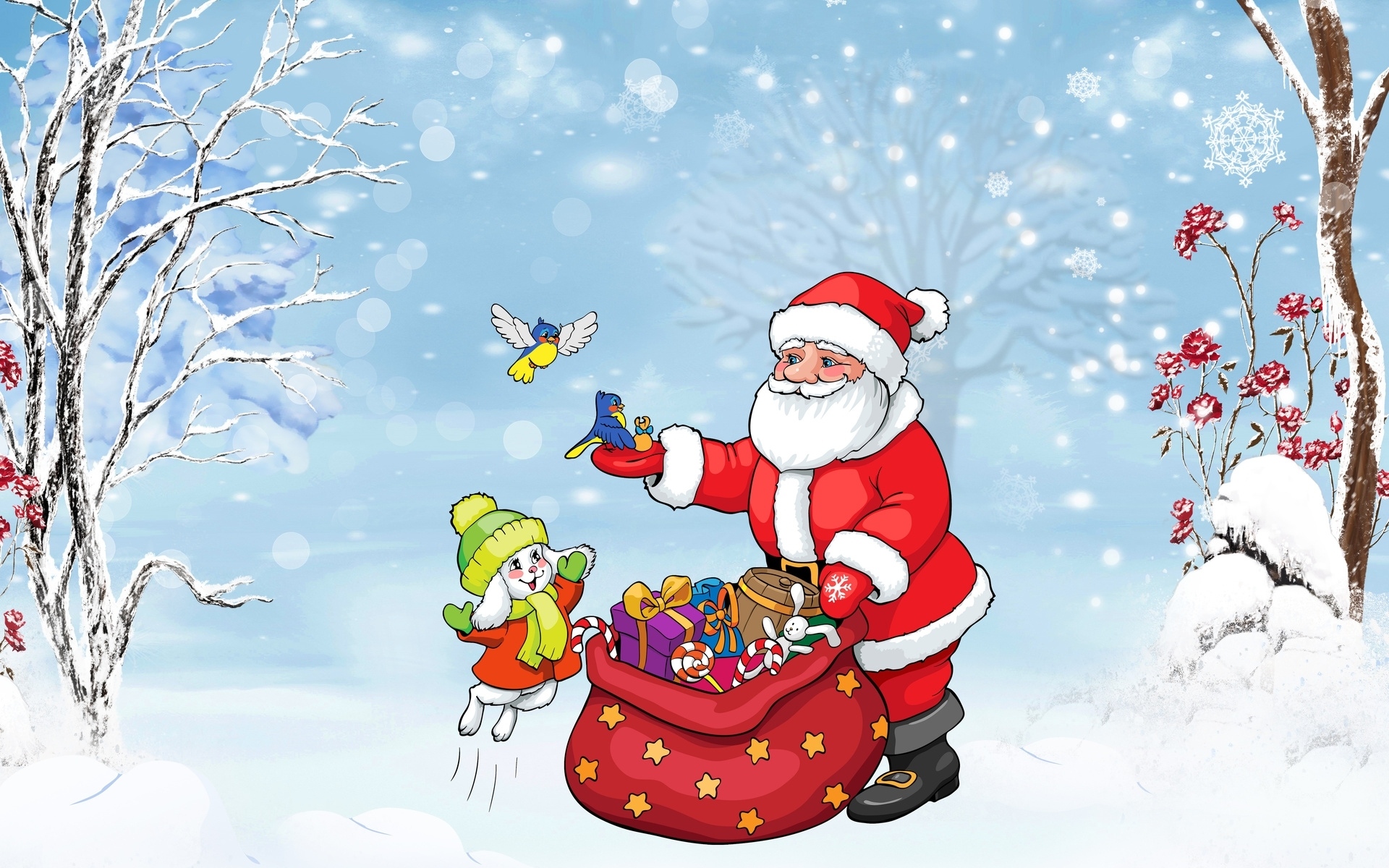 santa claus, holiday, christmas, bird, flower, gift, snow