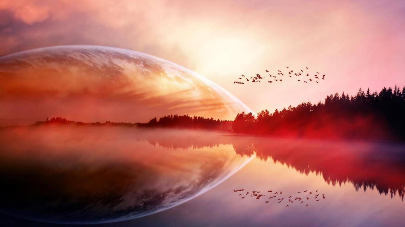 Download mobile wallpaper Landscape, Sunset, Reflection, Sci Fi for free.