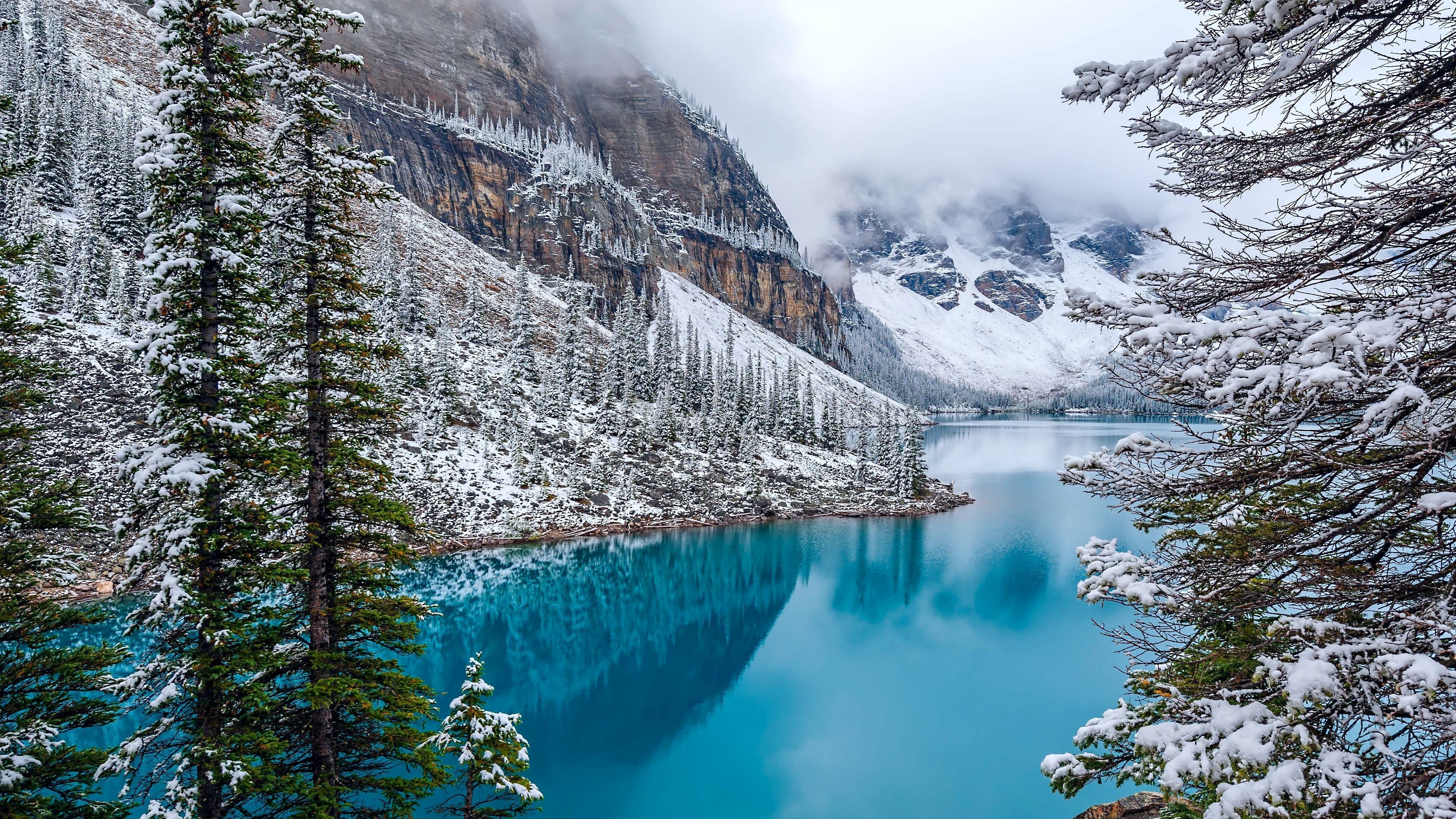 396613壁紙のダウンロードモレーン湖, 冬, 地球, カナダ, 森, 湖, 山, 雪, 木-スクリーンセーバーと写真を無料で