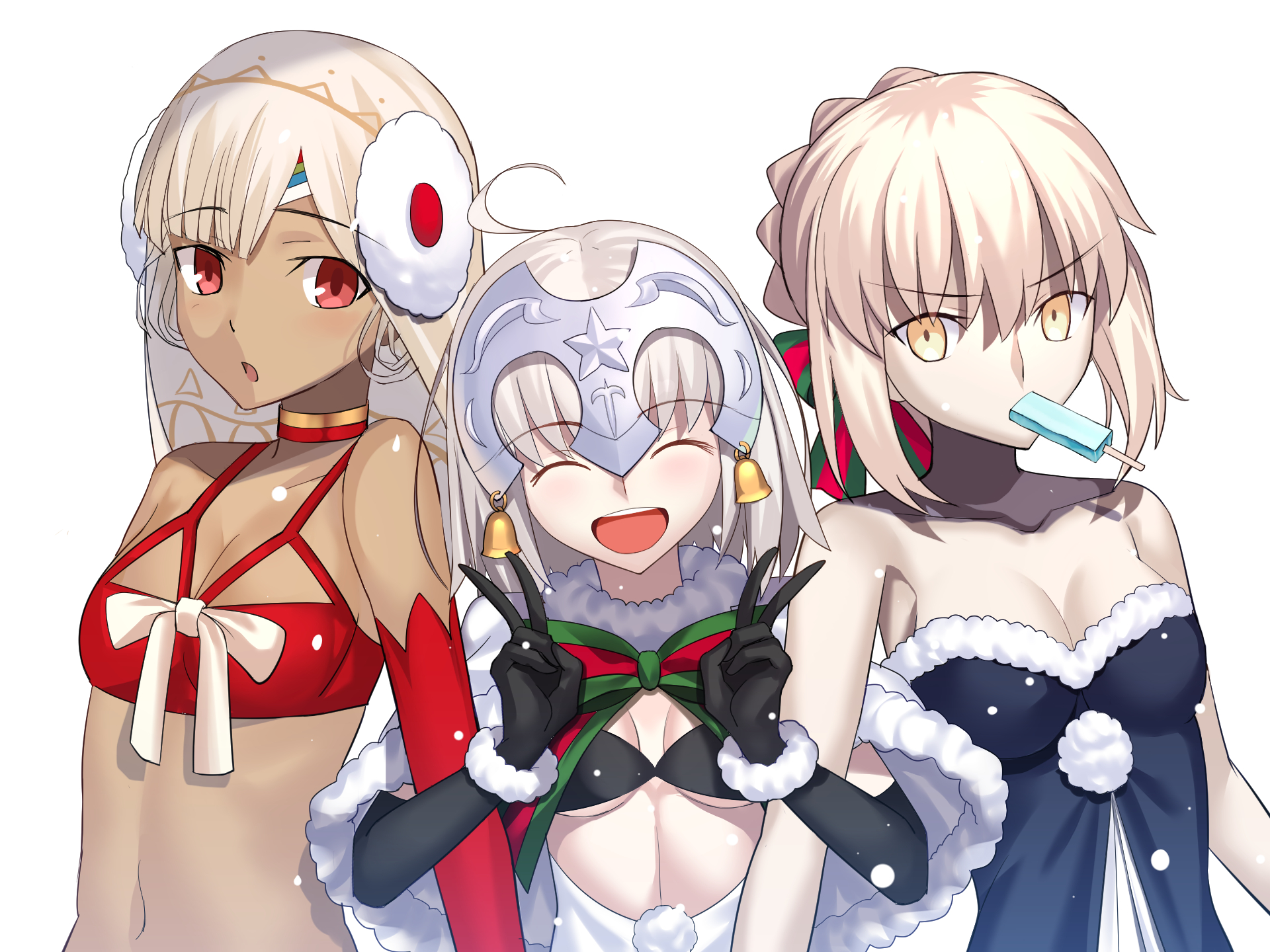 anime, fate/grand order, artoria pendragon (alter), attila the san(ta), bell, blush, bow (clothing), brown hair, dress, jeanne d'arc (alter) (santa lily), jeanne d'arc (fate series), long hair, popsicle, red eyes, saber (fate series), santa, short hair, smile, white hair, fate series