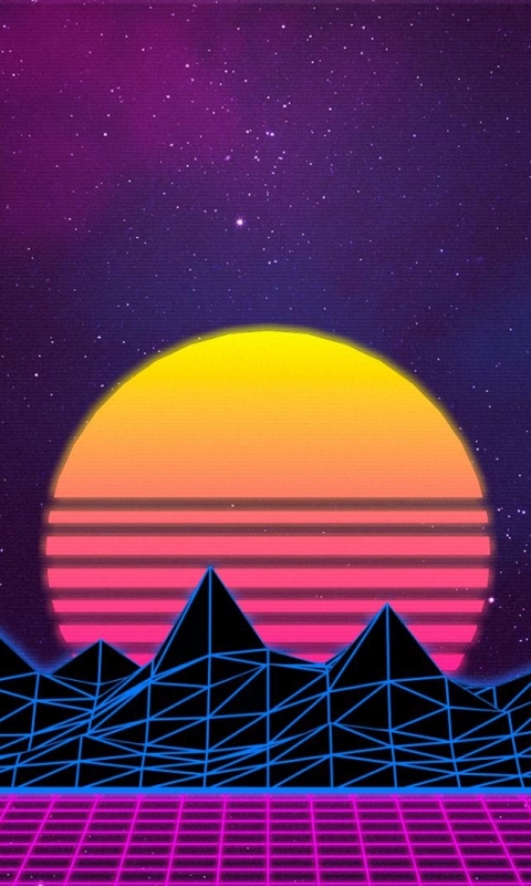 Download mobile wallpaper Sunset, Sky, Neon, Purple, Artistic, Retro Wave for free.