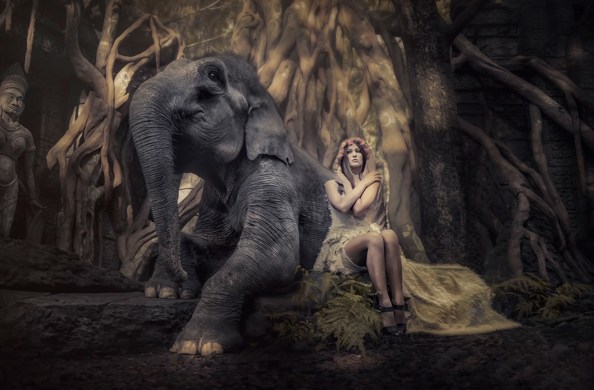 Laden Sie das Fantasie, Elefant, Frauen, Schrein-Bild kostenlos auf Ihren PC-Desktop herunter