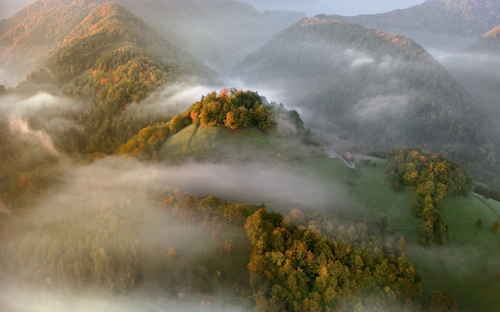 Скачать обои бесплатно Осень, Гора, Лес, Туман, Земля/природа картинка на рабочий стол ПК