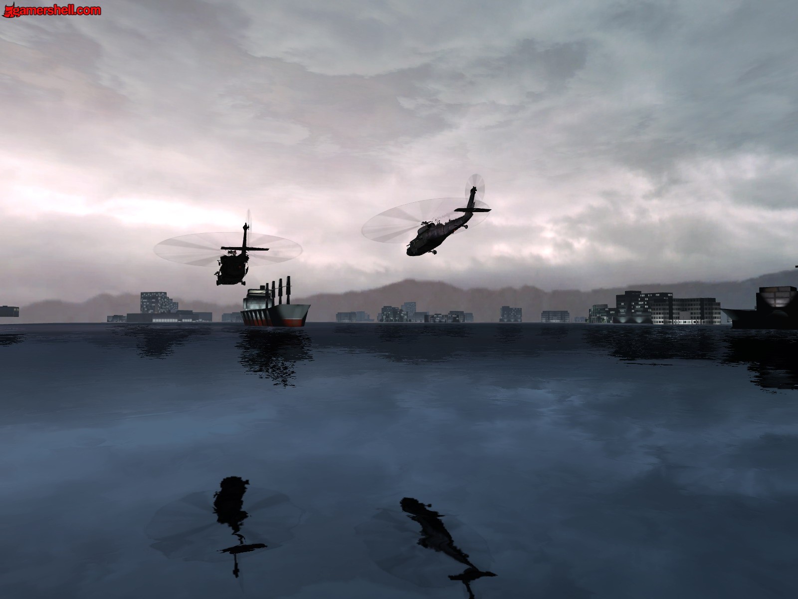 video game, f e a r, cloud, game, helicopter, ship, sky, town, water