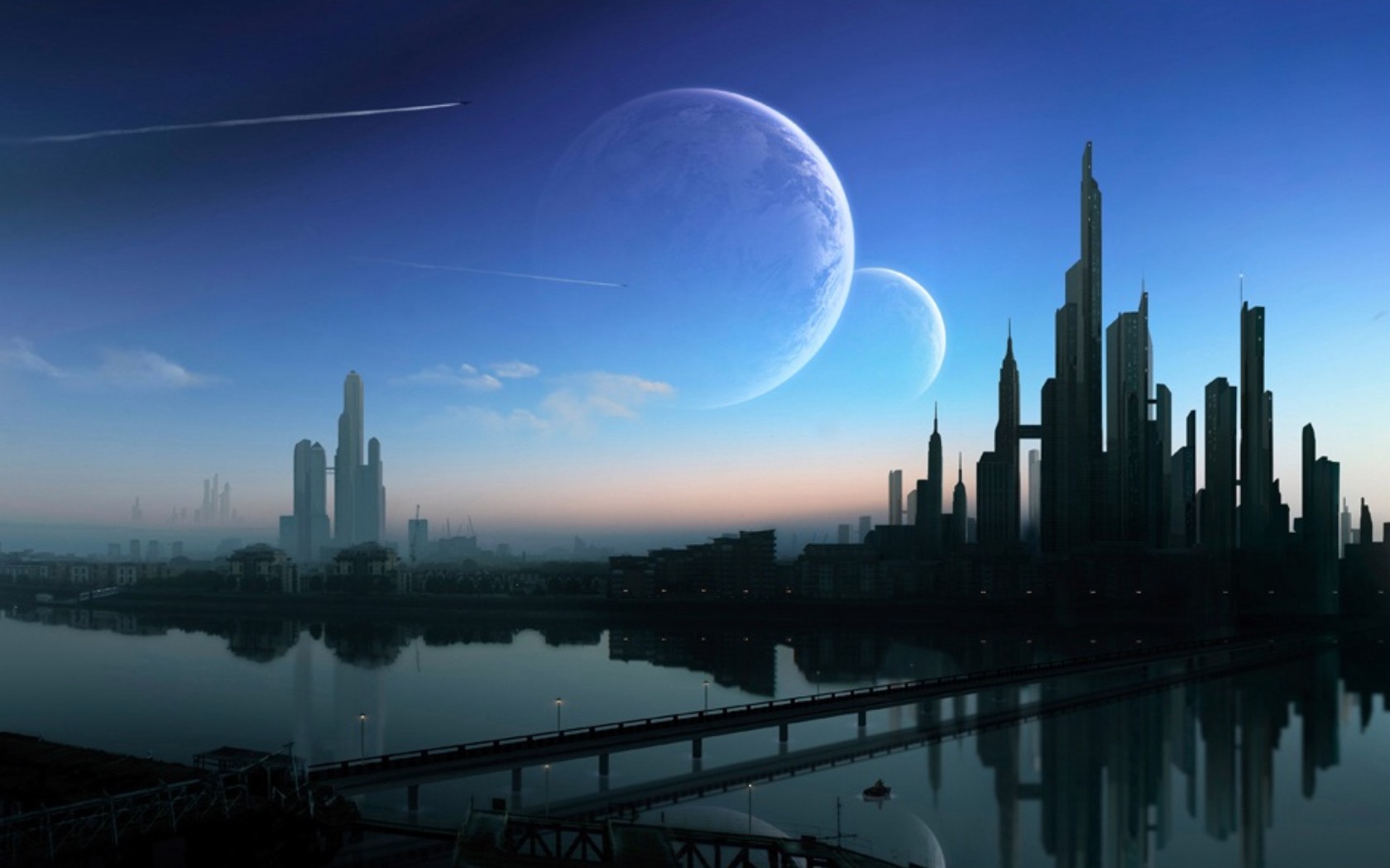 Laden Sie das Wasser, Planet, Science Fiction, Himmel, Großstadt-Bild kostenlos auf Ihren PC-Desktop herunter