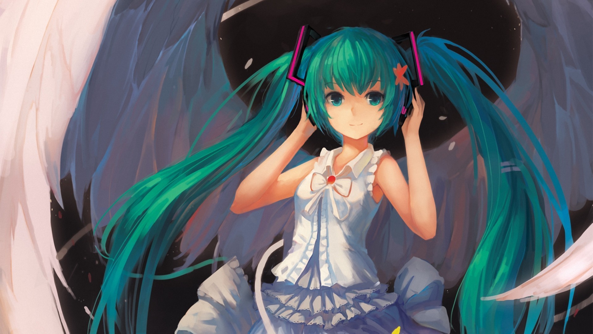 Free download wallpaper Music, Anime, Headphones, Wings, Angel, Vocaloid, Blue Eyes, Blue Hair, Hatsune Miku, Twintails, Bow (Clothing), White Dress on your PC desktop
