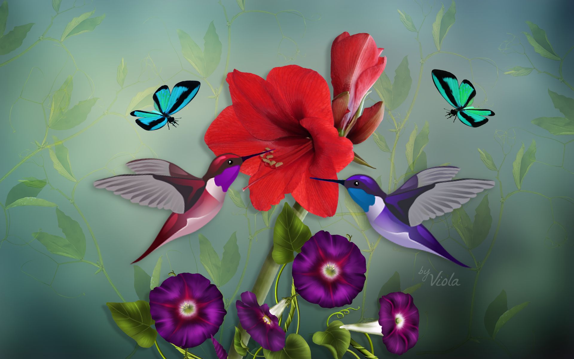 Descarga gratis la imagen Flor, Mariposa, Primavera, Artístico, Flor Roja, Colibrí en el escritorio de tu PC