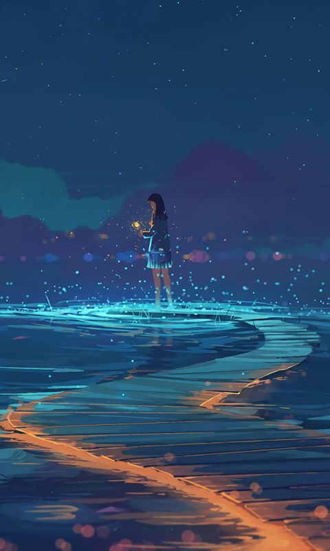 Download mobile wallpaper Anime, Water, Night, Original, Black Hair, Long Hair for free.