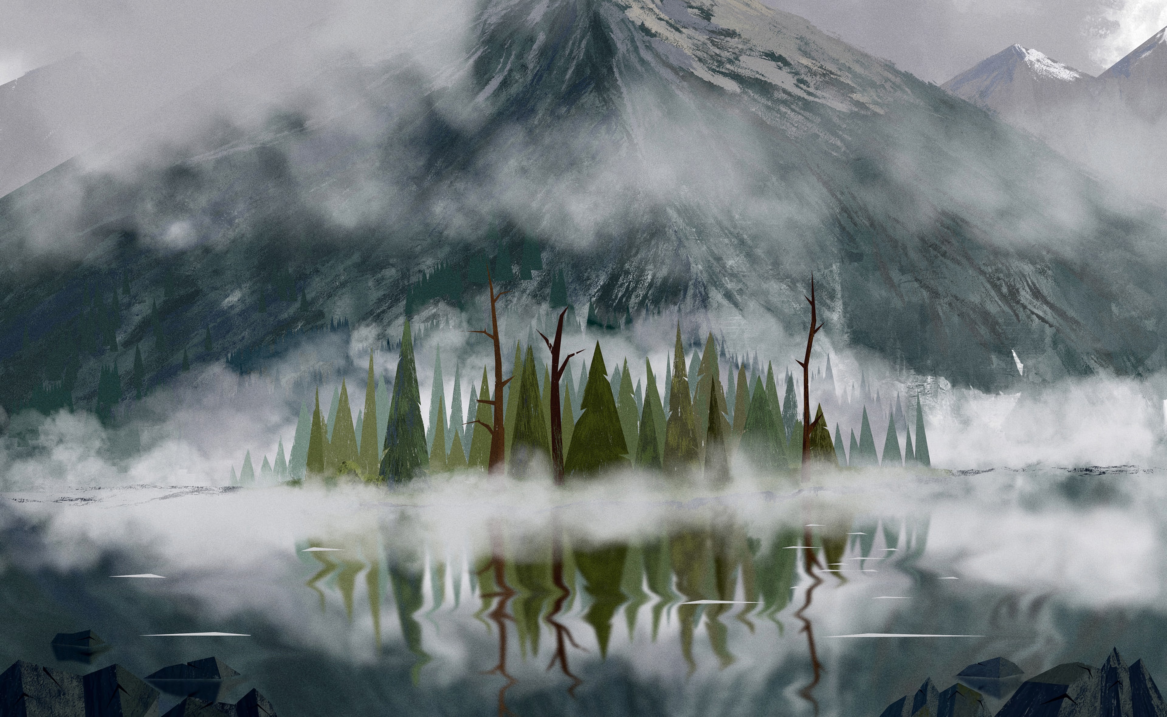 Free download wallpaper Trees, Mountains, Fog, Vertex, Tops, Art on your PC desktop
