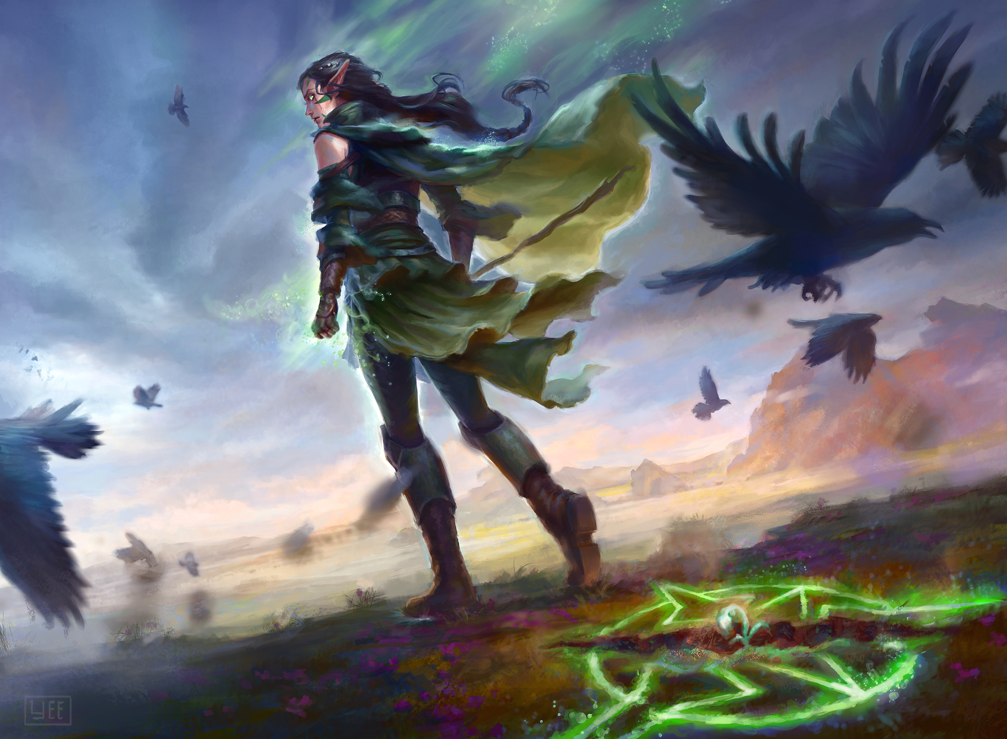 Download mobile wallpaper Magic, Fantasy, Crow, Elf, Sorceress, Long Hair, Pointed Ears for free.