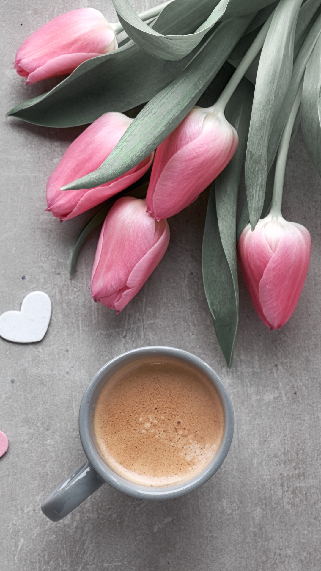 Download mobile wallpaper Valentine's Day, Coffee, Still Life, Holiday, Cake, Drink, Tulip, Pink Flower for free.