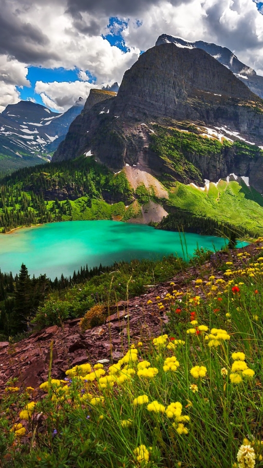 無料モバイル壁紙湖, 山, 花, 地球, 黄色い花, 山岳をダウンロードします。