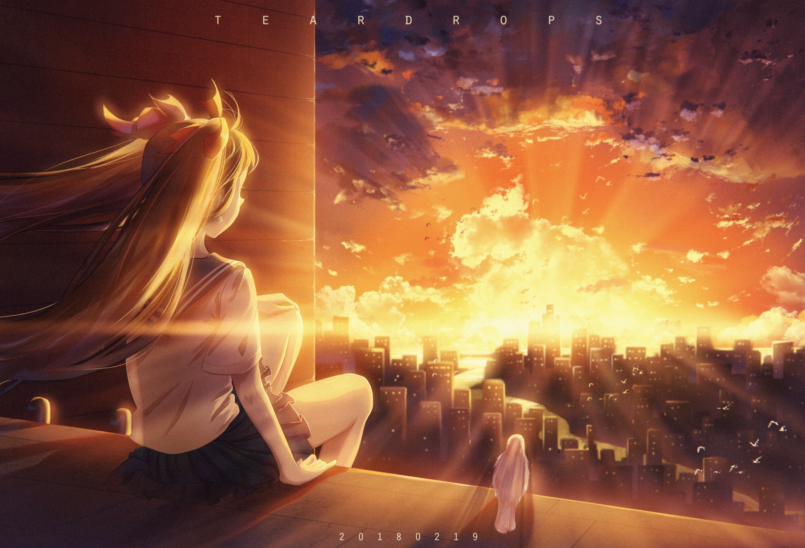 Téléchargez gratuitement l'image Coucher De Soleil, Ville, Oiseau, Blond, Original, Animé, Cheveux Longs, Twintails sur le bureau de votre PC