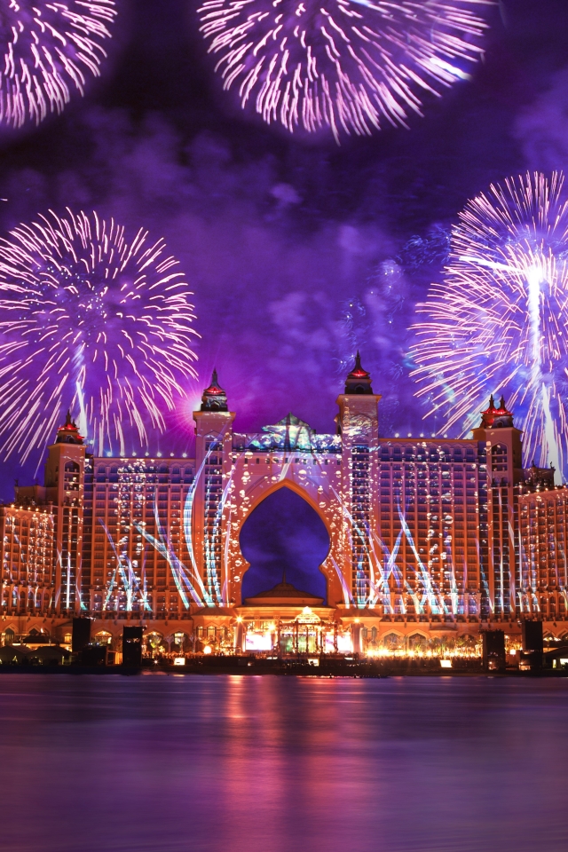 Download mobile wallpaper Night, Light, Dubai, Colors, Fireworks, Celebration, Hotel, Atlantis Hotel, Man Made, Atlantis The Palm for free.
