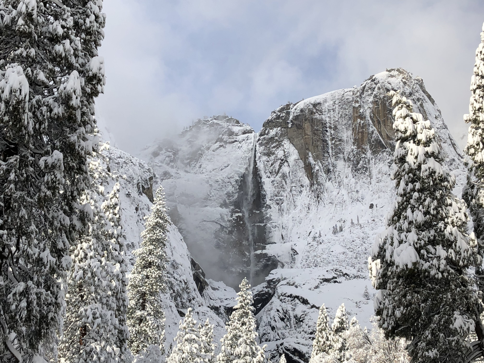Download mobile wallpaper Winter, Snow, Usa, Mountain, Waterfall, Earth, National Park, Yosemite National Park for free.