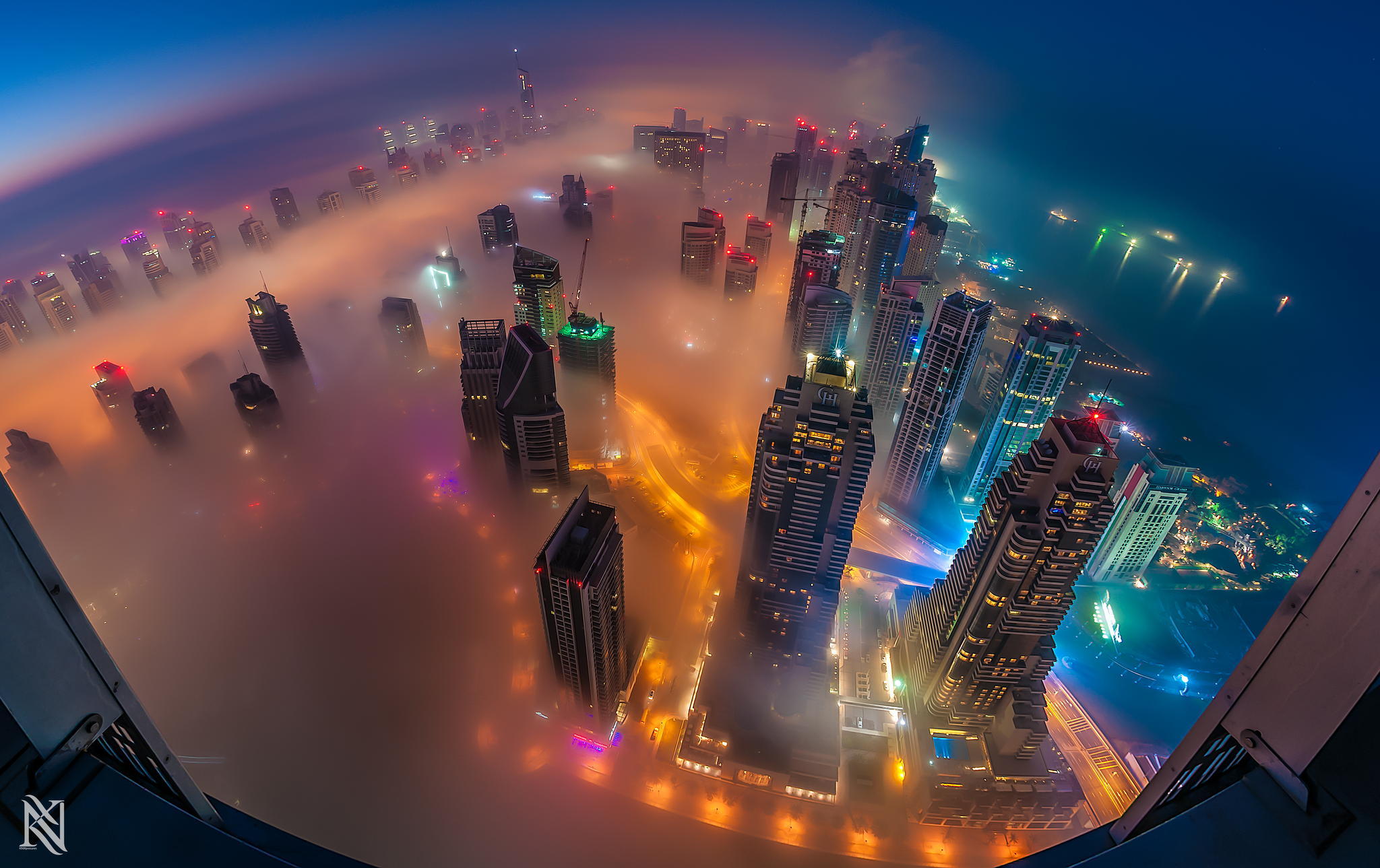 fog, building, dubai, cities, man made, skyscraper, city, aerial
