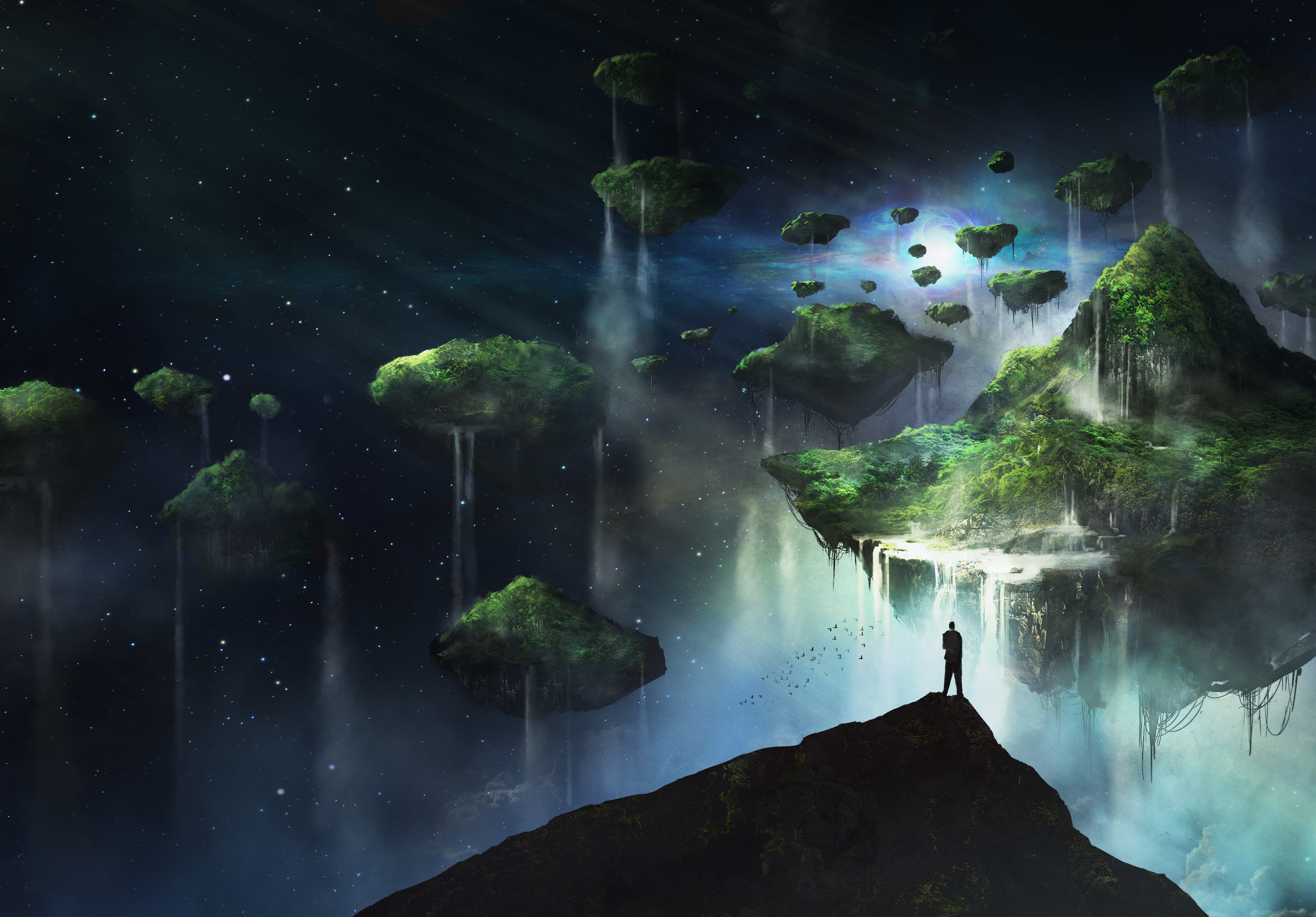 Free download wallpaper Landscape, Fantasy, Waterfall, Space, Floating Island on your PC desktop