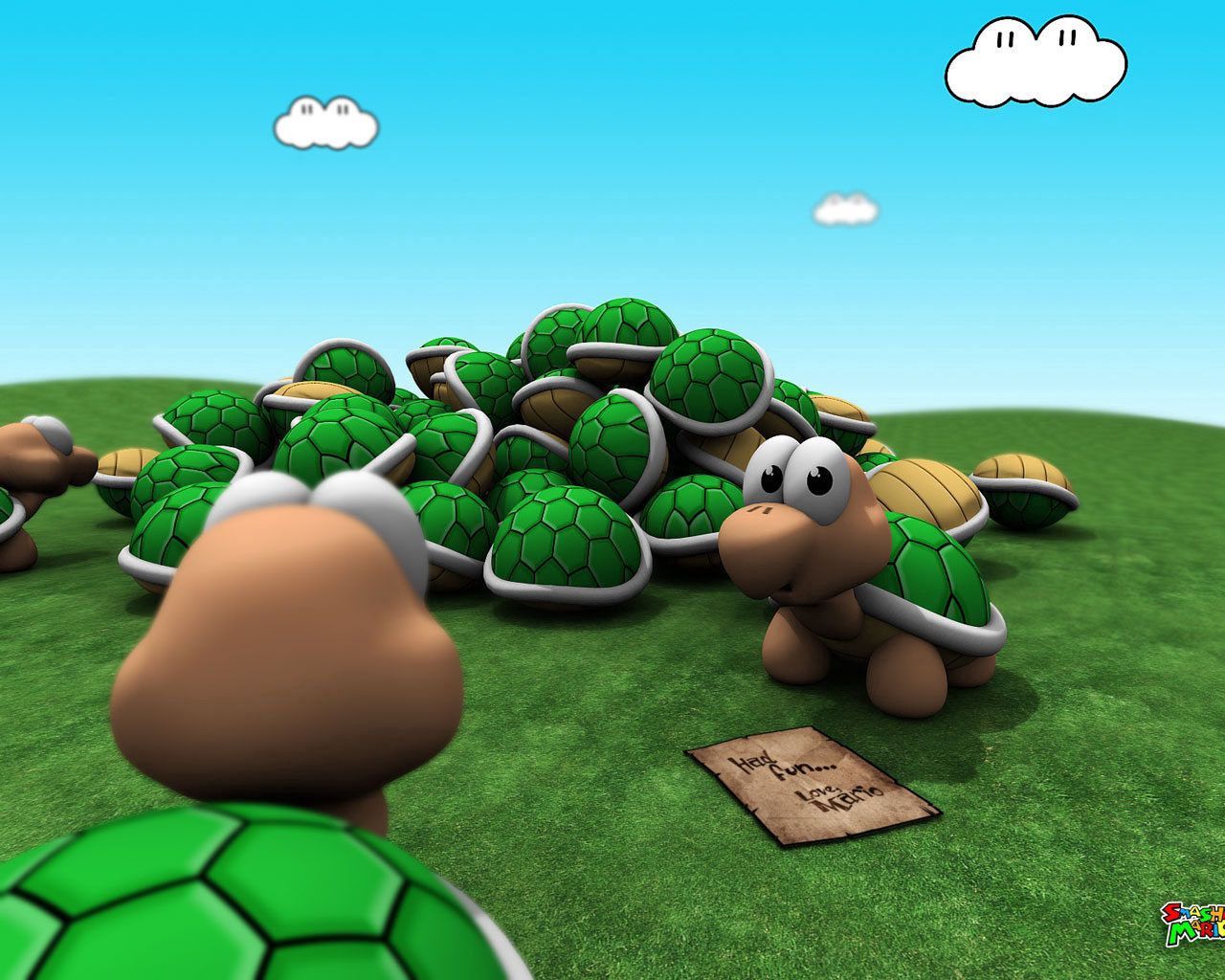 bright, mario, game, 3d, turtles, grass, sky