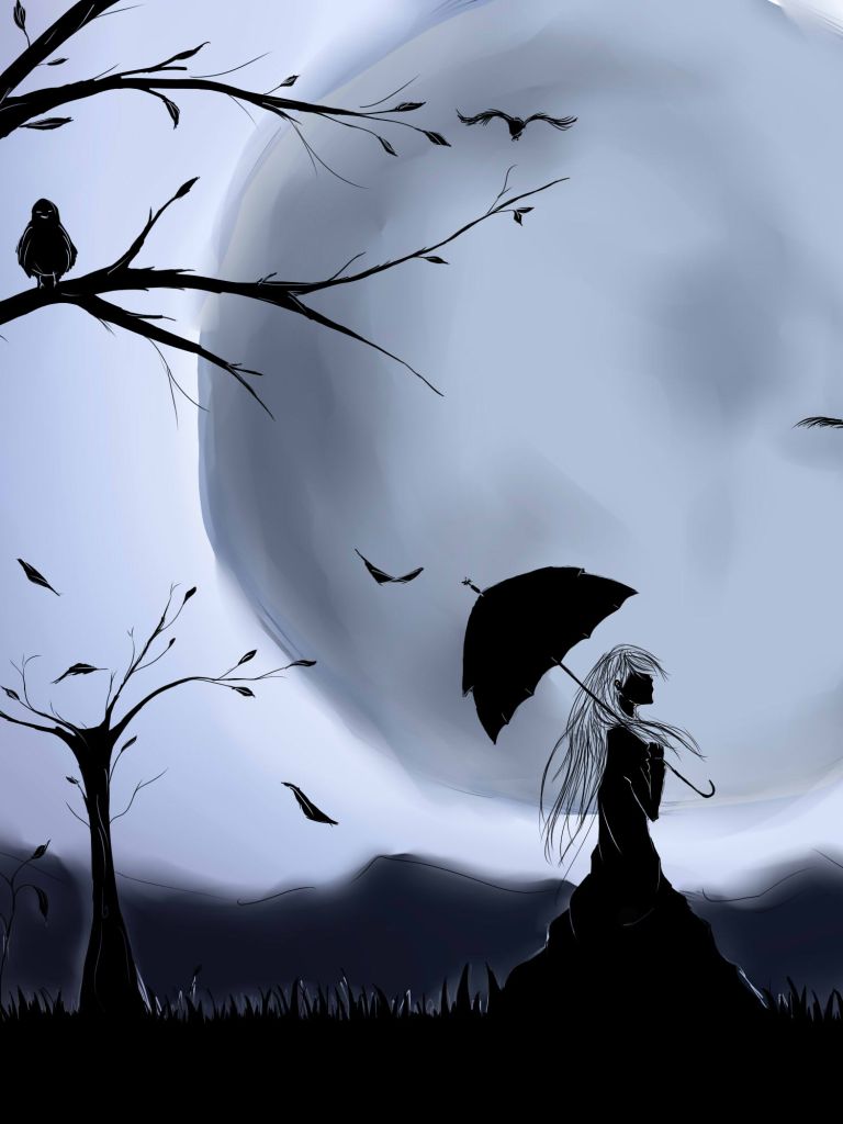 Download mobile wallpaper Fantasy, Moon, Silhouette, Tree, Umbrella, Raven, Women for free.