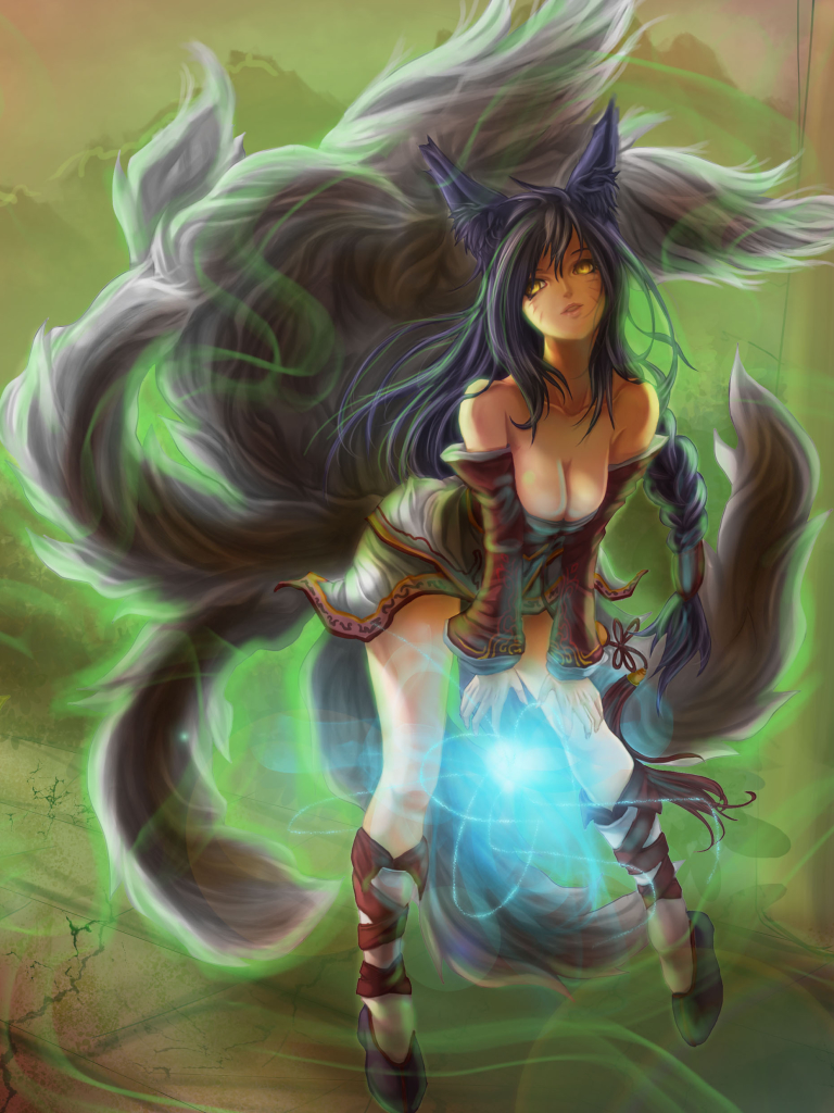 Download mobile wallpaper Magic, League Of Legends, Tail, Blue Hair, Video Game, Purple Hair, Animal Ears, Sona (League Of Legends), Ahri (League Of Legends) for free.