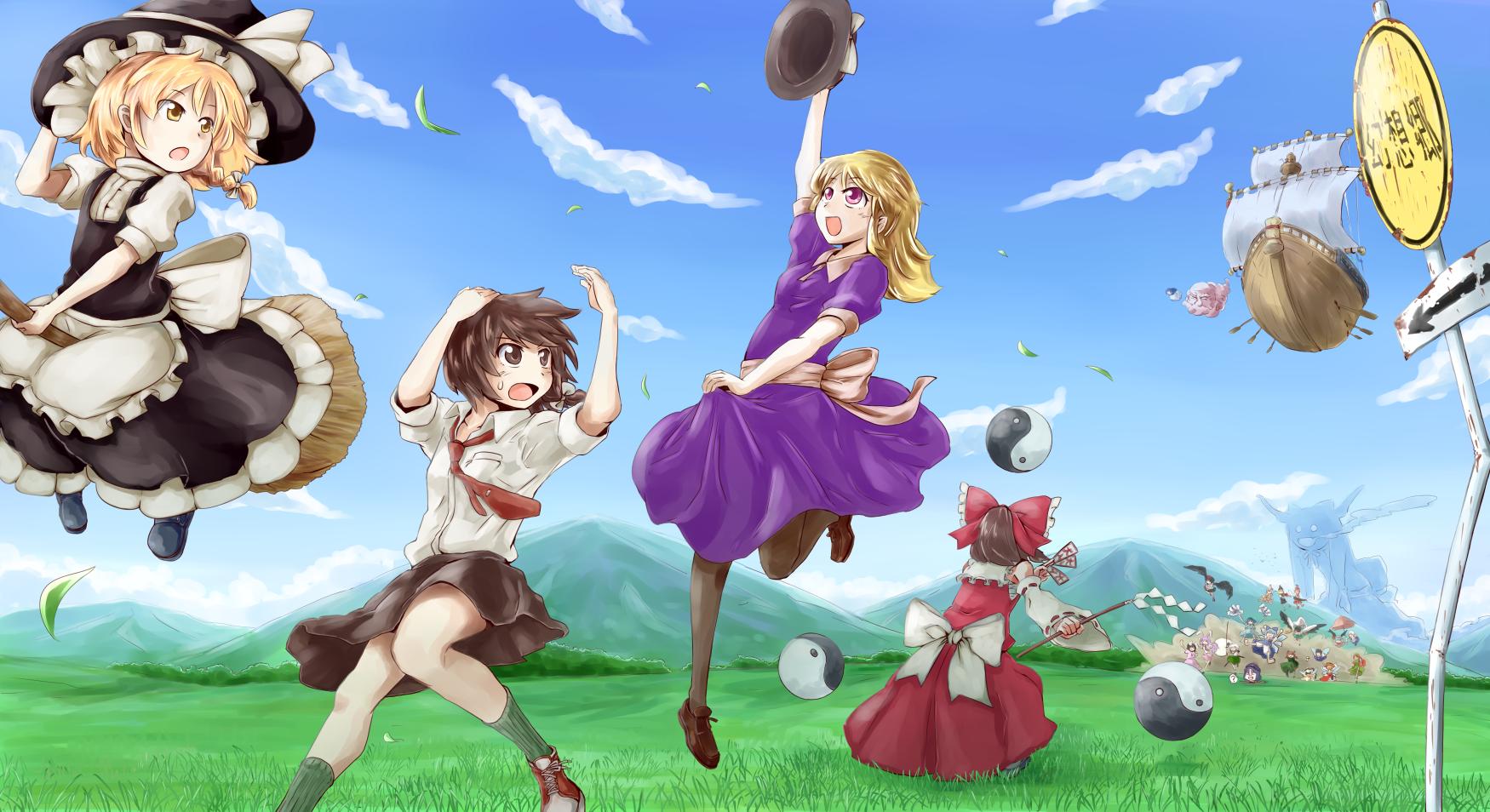 Handy-Wallpaper Animes, Tuhu, Reimu Hakurei, Suwako Moriya, Marisa Kirisame kostenlos herunterladen.