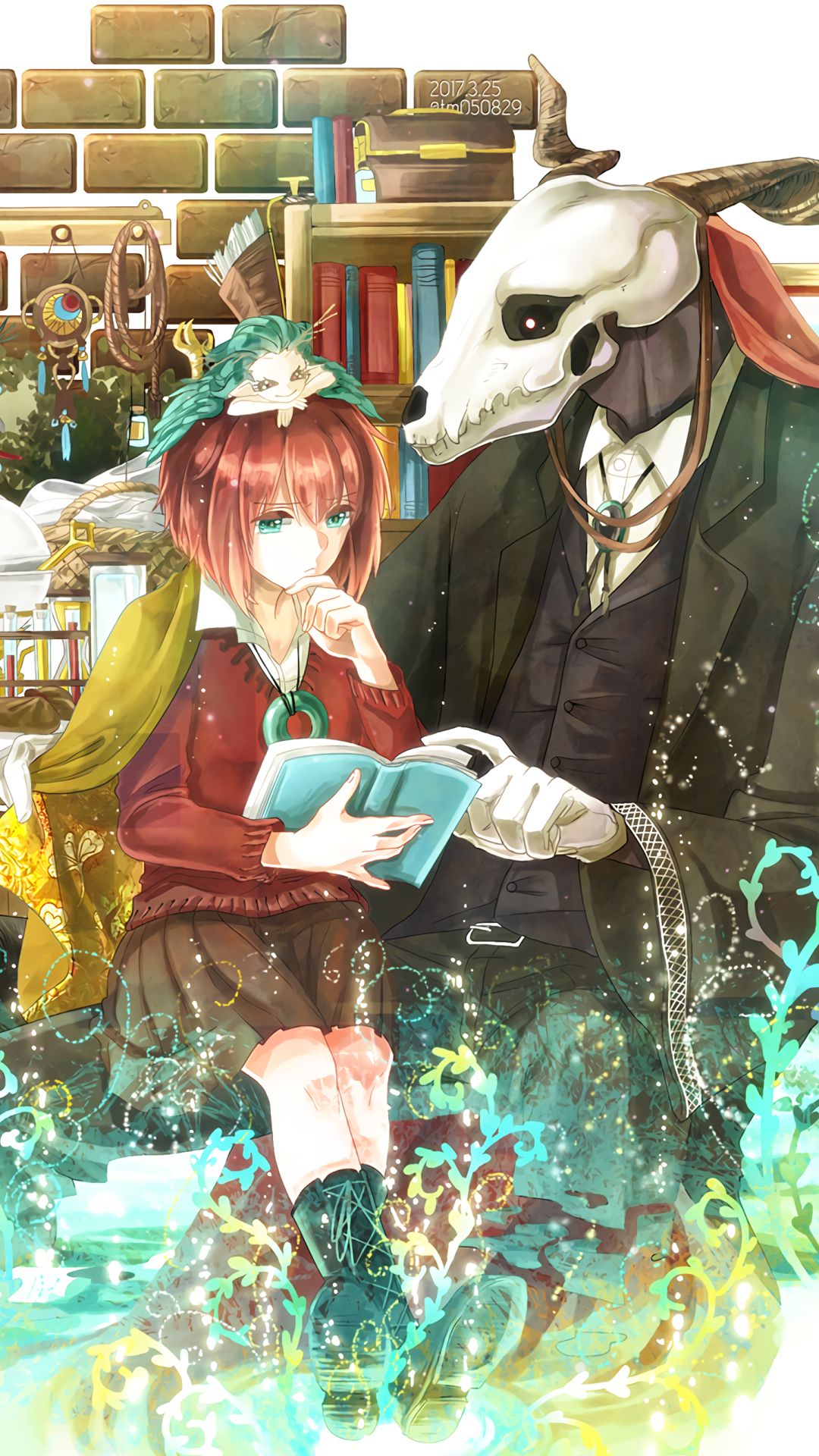 Download mobile wallpaper Anime, Book, Skirt, Green Eyes, Short Hair, Red Hair, Elias Ainsworth, Chise Hatori, The Ancient Magus' Bride for free.