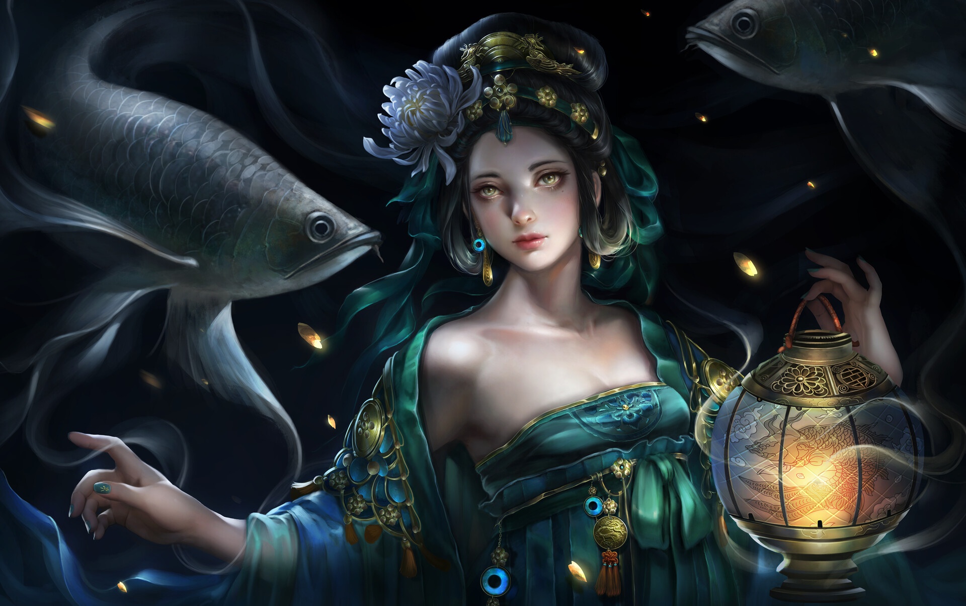 Free download wallpaper Fantasy, Lantern, Fish, Women on your PC desktop