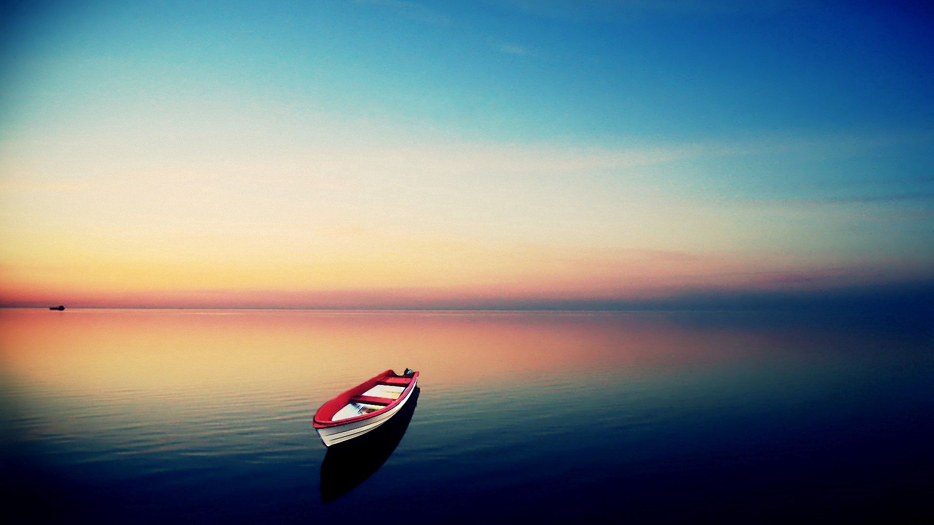 boat, sea, sunset, nature, horizon, water surface, evening, loneliness Full HD
