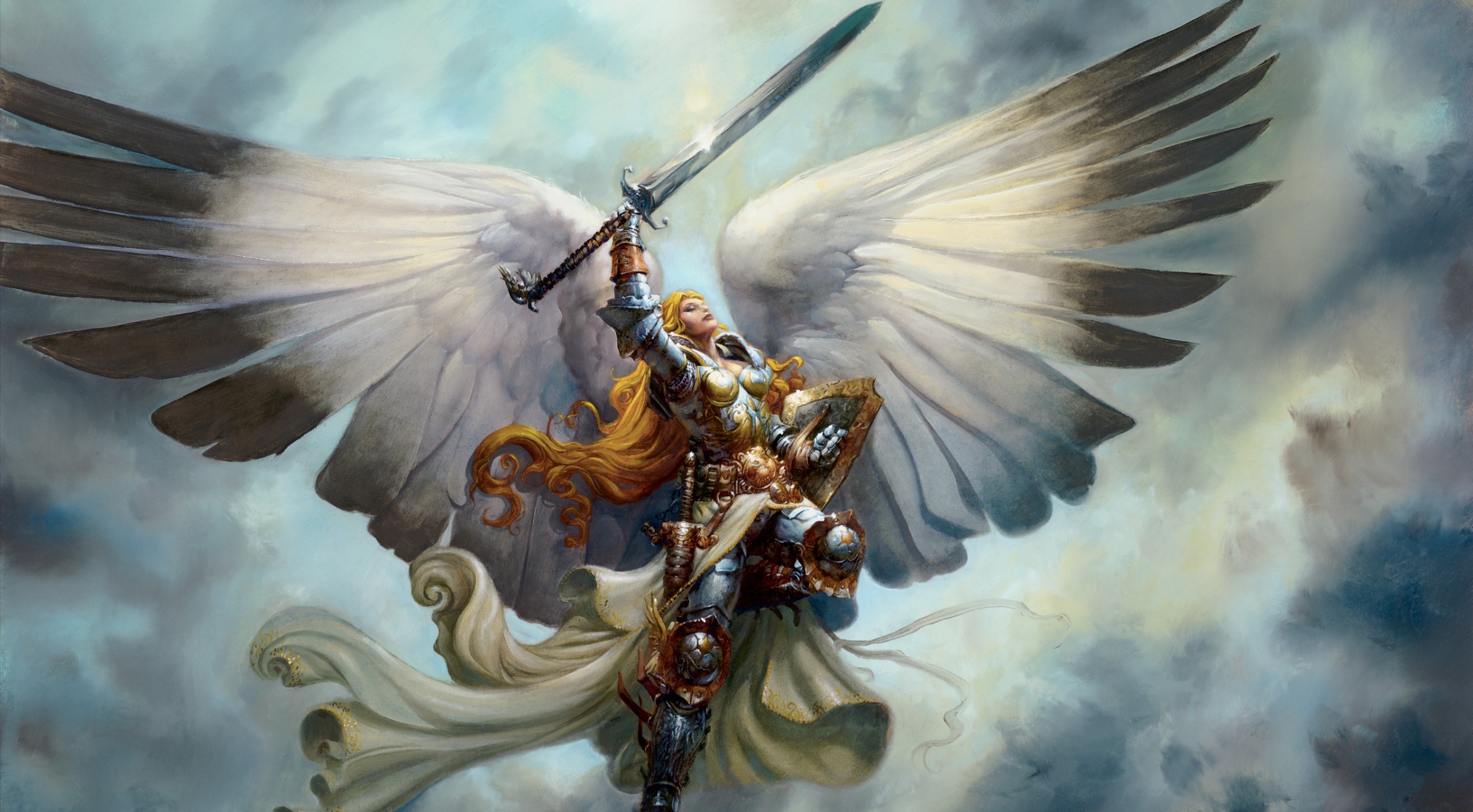 Download mobile wallpaper Game, Angel, Blonde, Armor, Sword, Long Hair, Magic: The Gathering, Angel Warrior, Serra (Magic: The Gathering) for free.