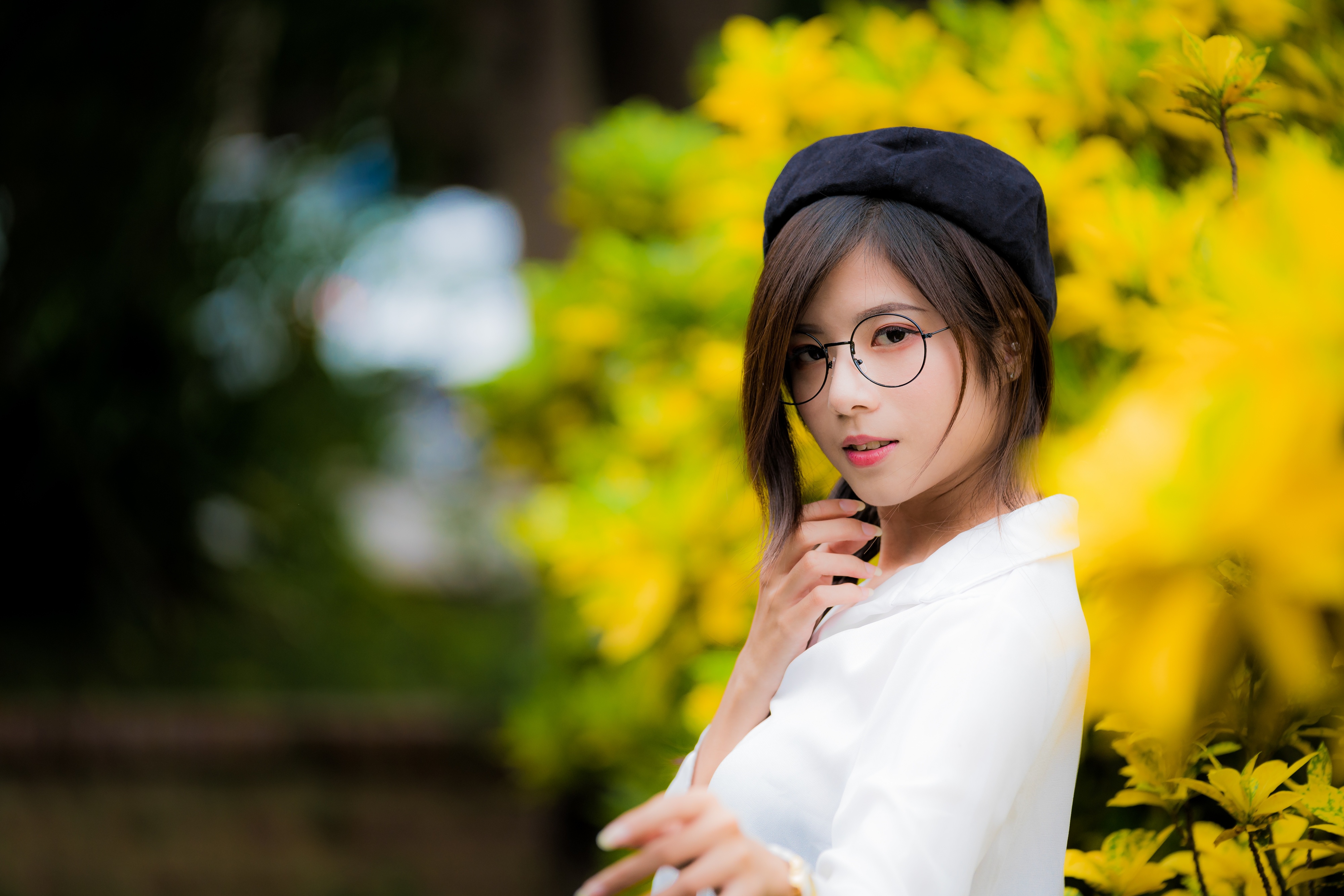 Download mobile wallpaper Glasses, Hat, Brunette, Model, Women, Asian, Short Hair, Depth Of Field for free.