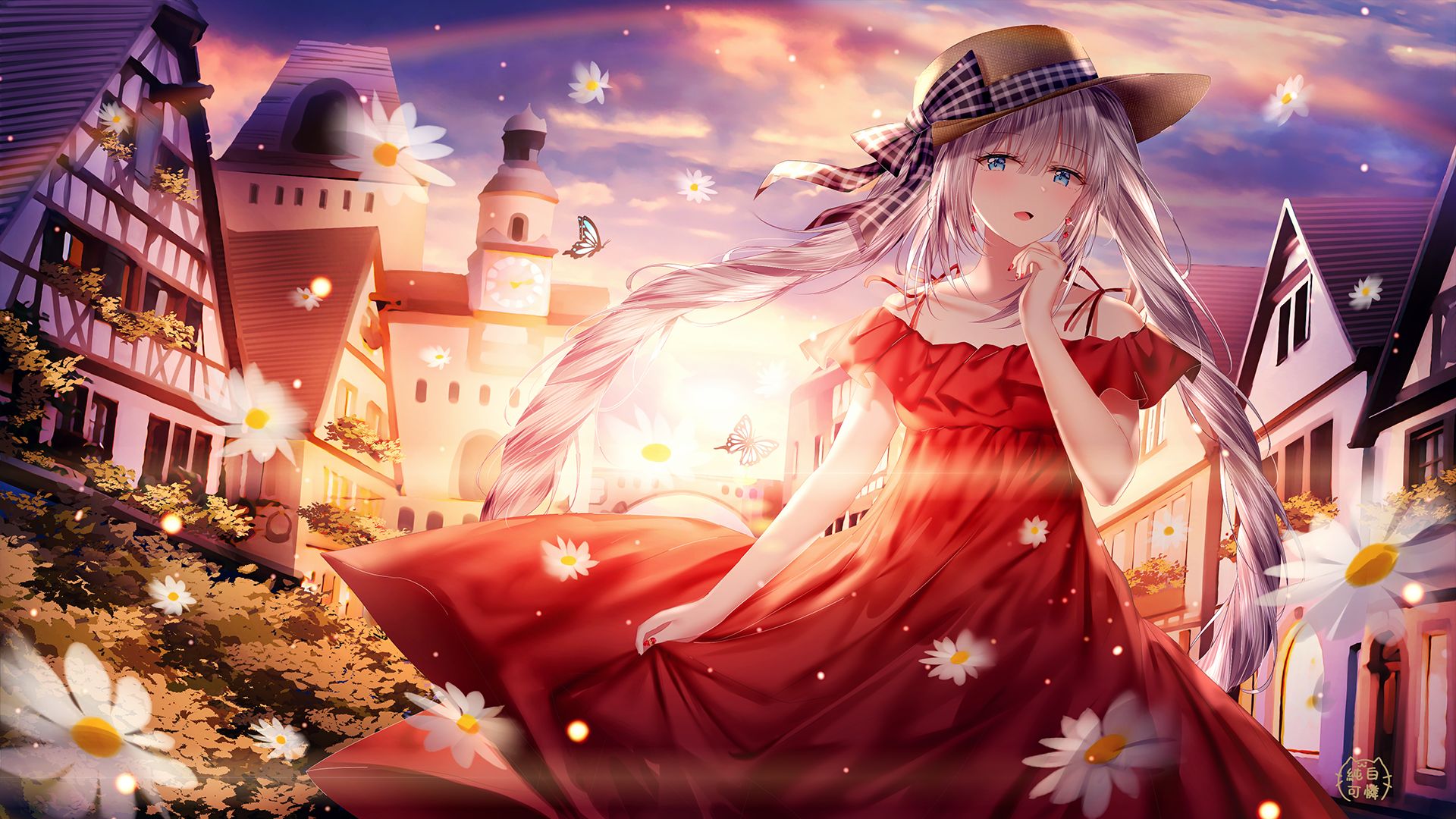 anime, fate/grand order, blue eyes, fate (series), hat, long hair, marie antoinette (fate/grand order), red dress, sunset, white hair, fate series