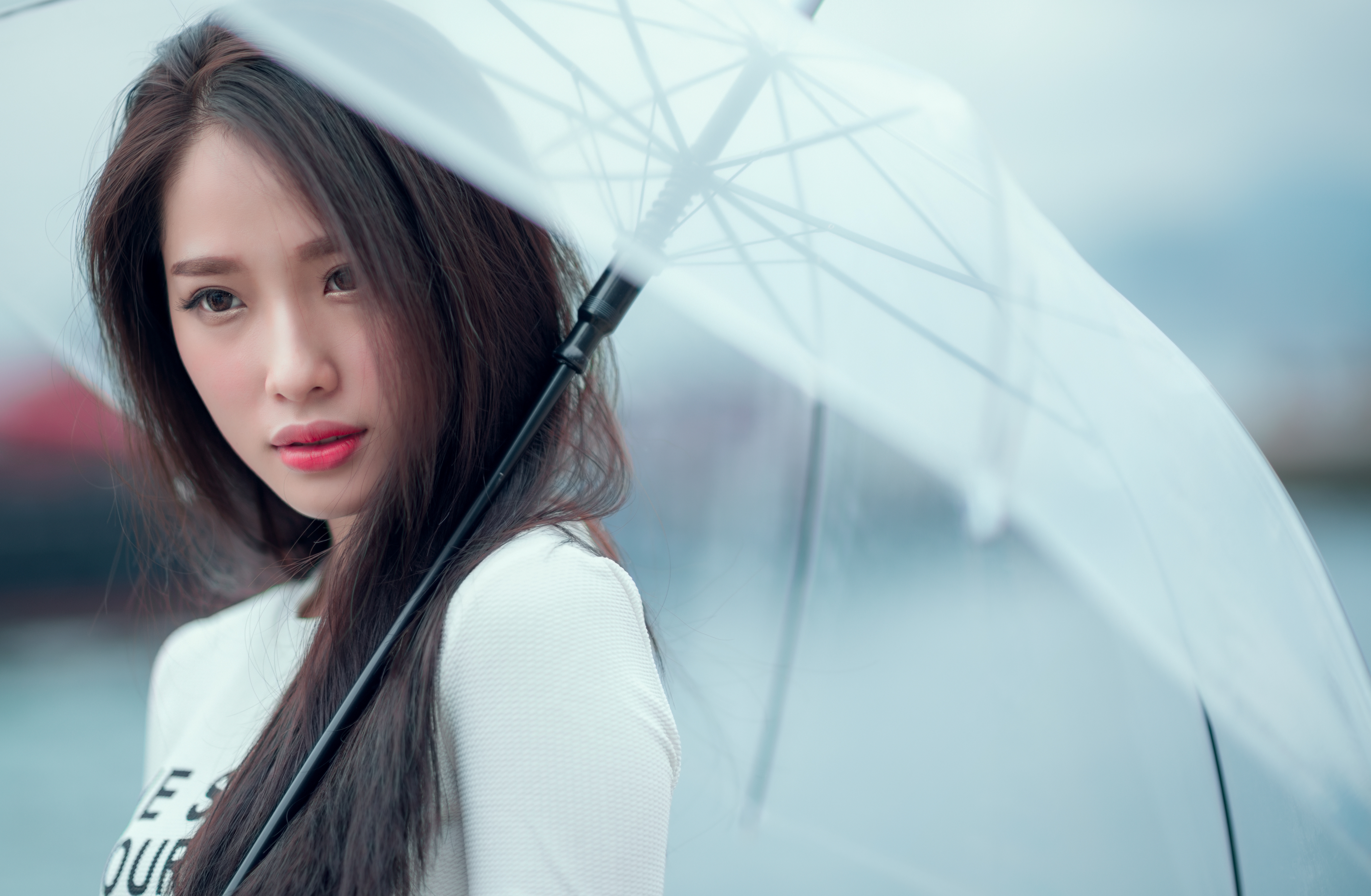 Download mobile wallpaper Umbrella, Brunette, Model, Women, Asian, Brown Eyes for free.