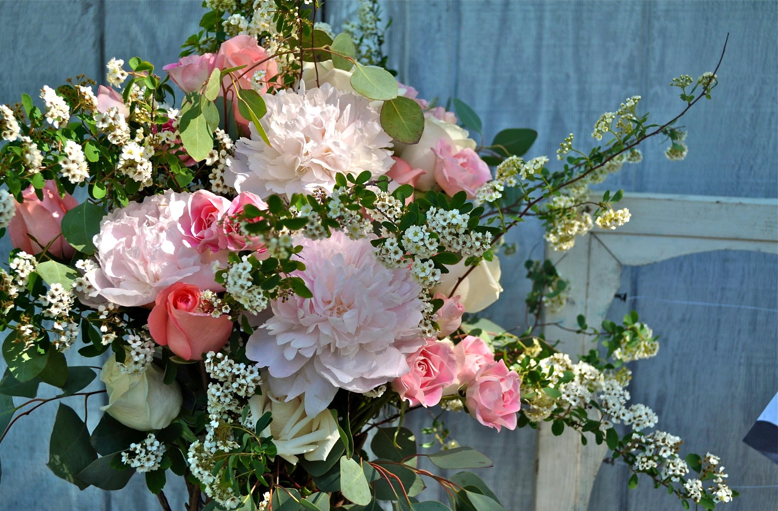 96463 скачать обои пионы, букет, цветы, розы, ветки, чайное дерево - заставки и картинки бесплатно