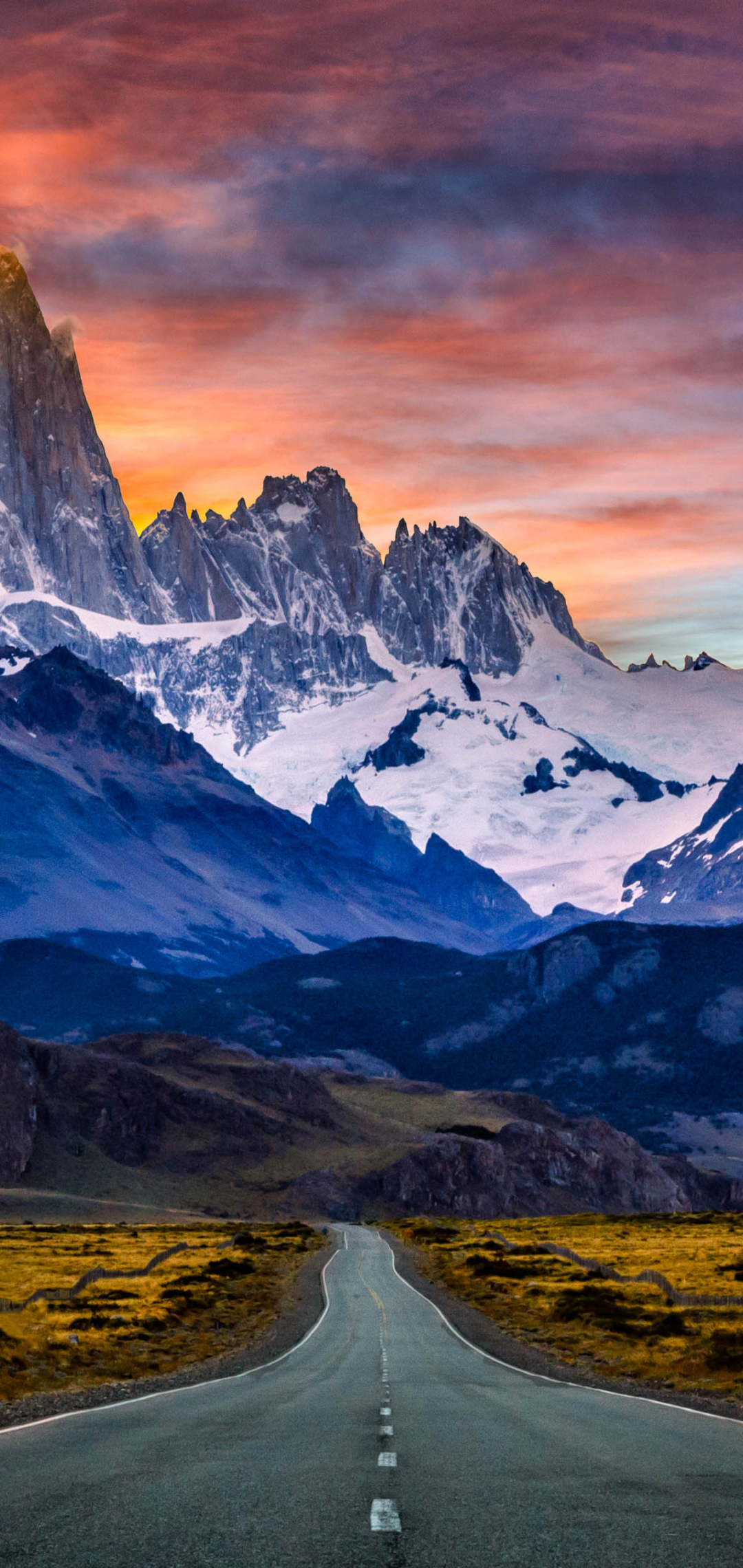 無料モバイル壁紙日没, 山, 道, 地球, アルゼンチン, パタゴニア, 山岳, フィッツロイ山をダウンロードします。