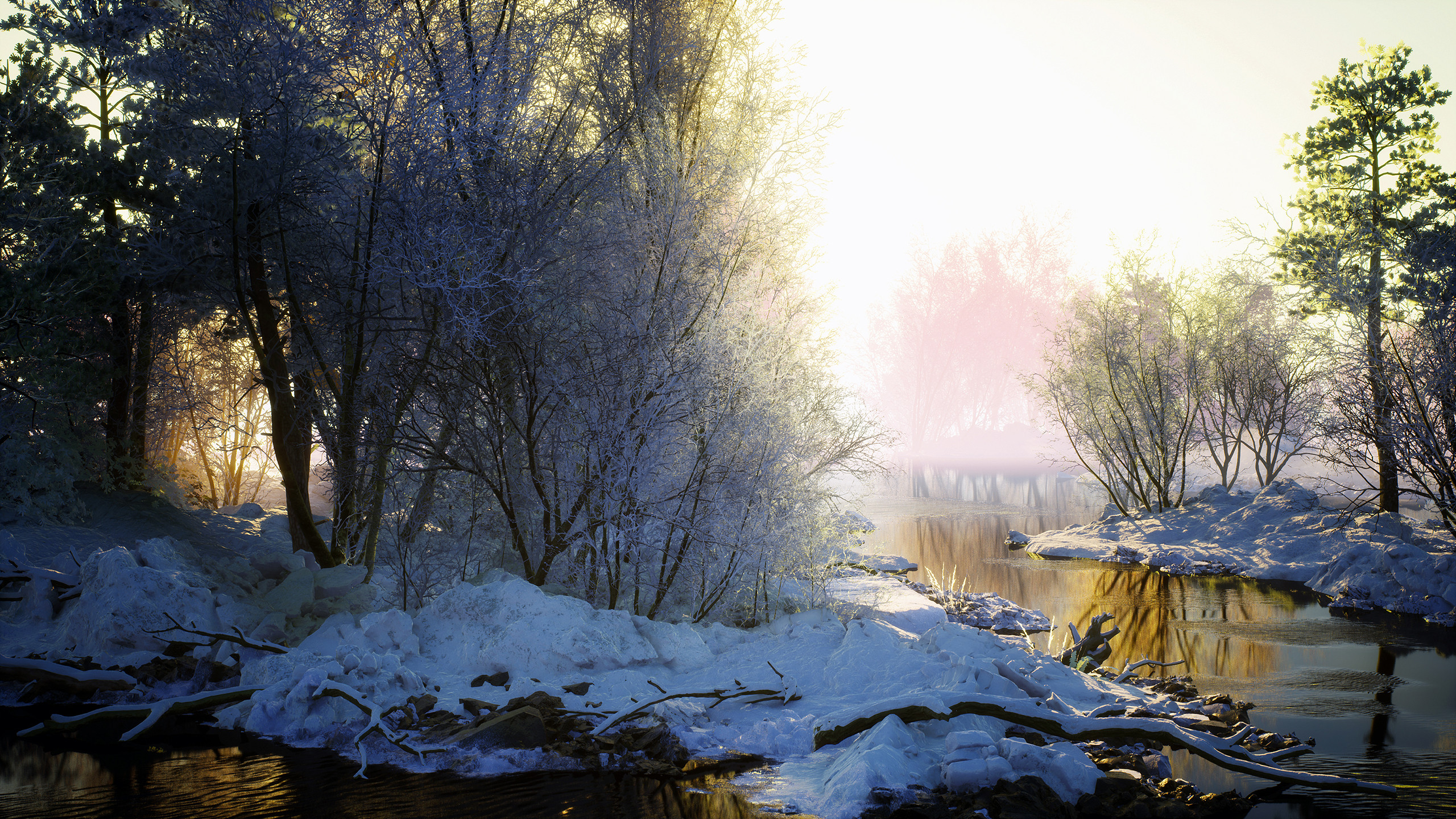 Laden Sie das Landschaft, Winter, Natur, Schnee, Baum, Nebel, Fluss, Künstlerisch-Bild kostenlos auf Ihren PC-Desktop herunter