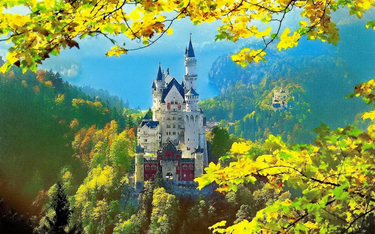 Laden Sie das Schlösser, Blatt, Frühling, Deutschland, Schloss Neuschwanstein, Menschengemacht, Schloss-Bild kostenlos auf Ihren PC-Desktop herunter
