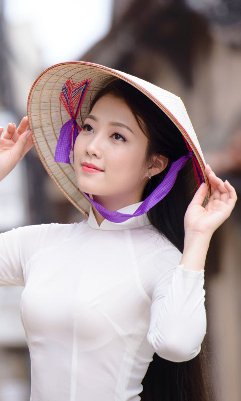 無料モバイル壁紙女性, アジア人, ベトナム語, アオザイ, アジアの円錐形の帽子をダウンロードします。
