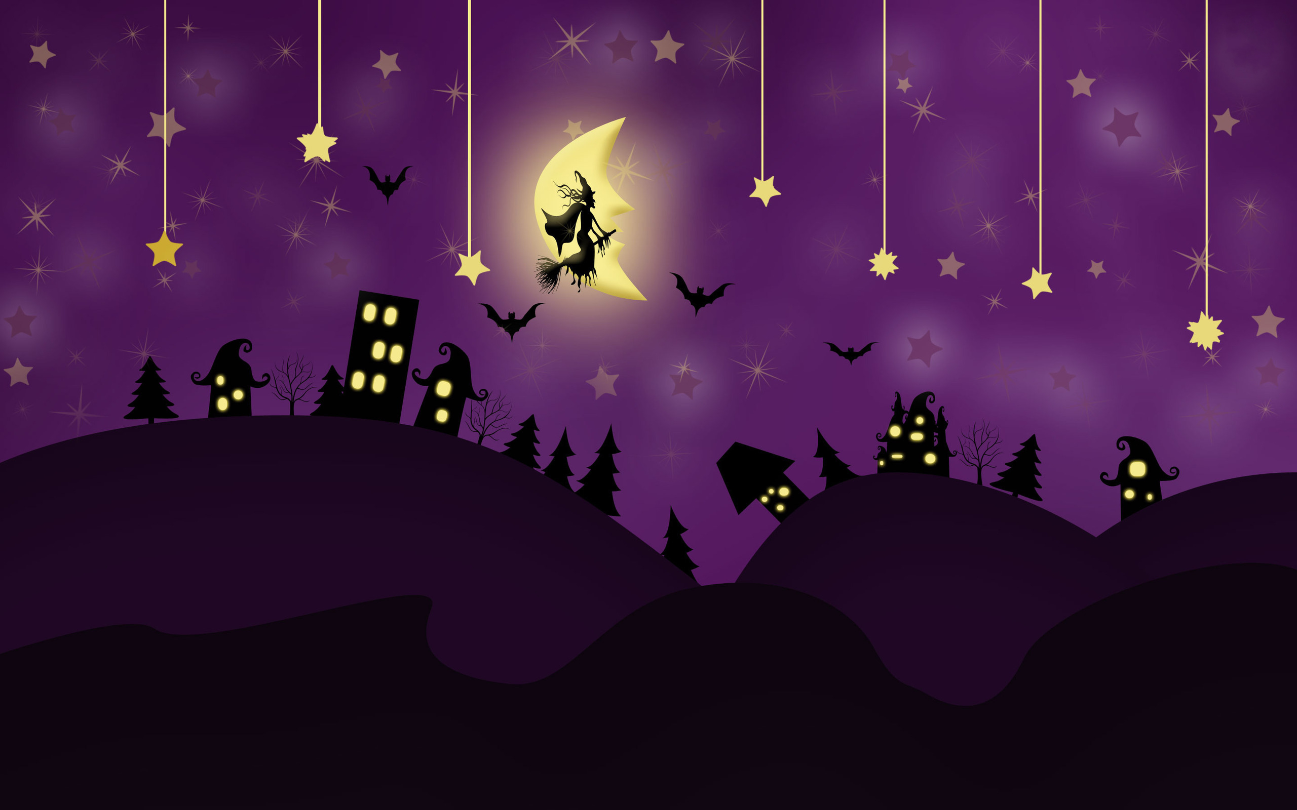 Download mobile wallpaper Halloween, Stars, Silhouette, Holiday, Purple, Witch for free.