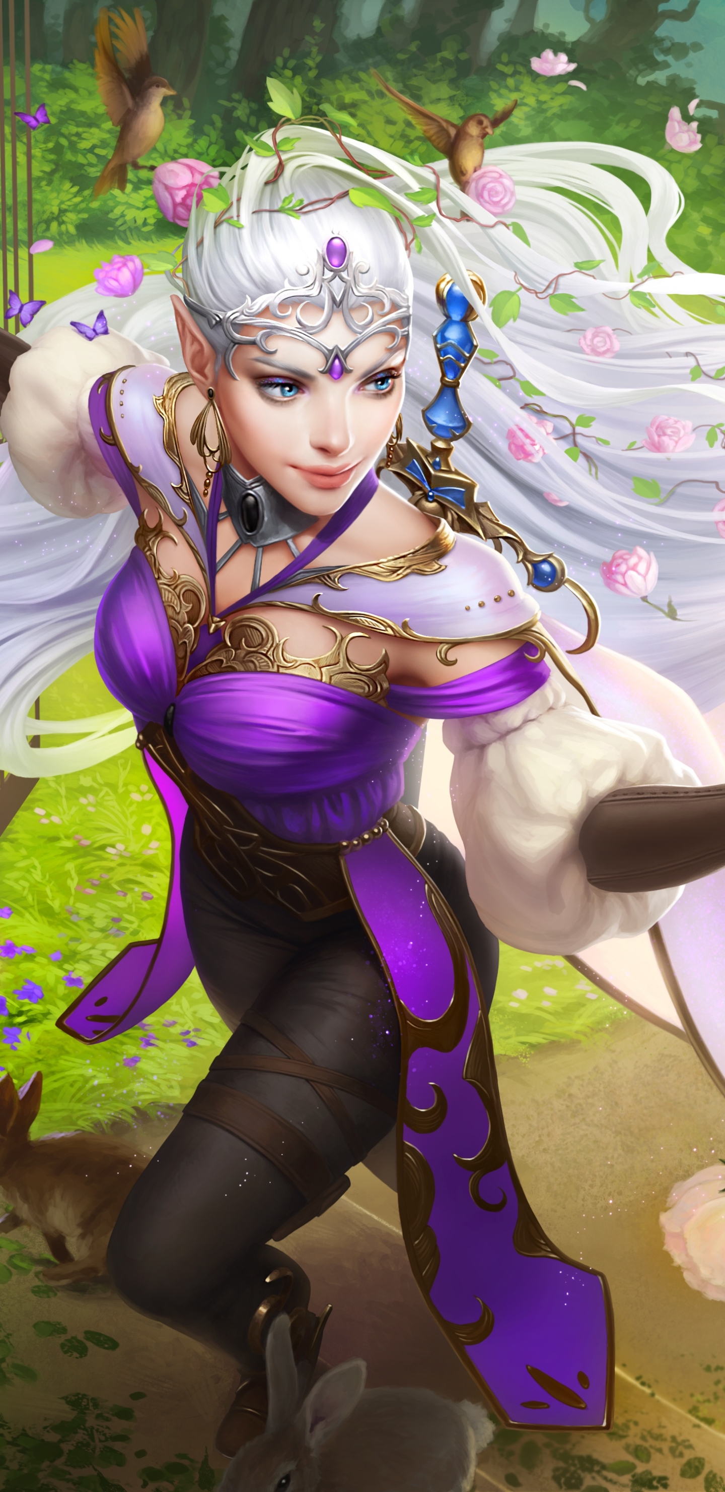 Download mobile wallpaper Fantasy, Bird, Elf, Blue Eyes, Long Hair, White Hair for free.