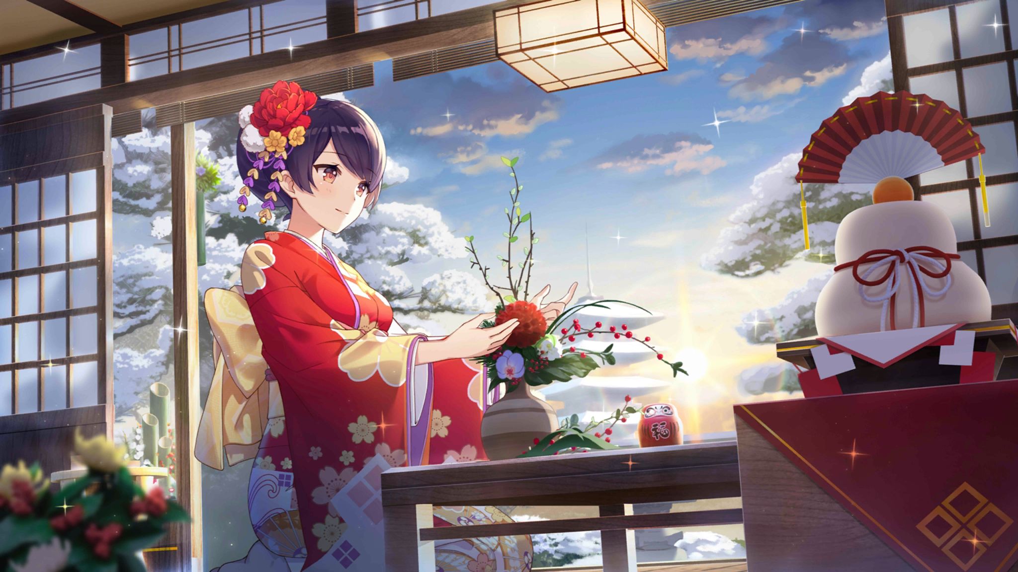 Laden Sie das Mädchen, Kimono, Lila Haare, Animes, Kurzes Haar, Japanische Kleidung-Bild kostenlos auf Ihren PC-Desktop herunter