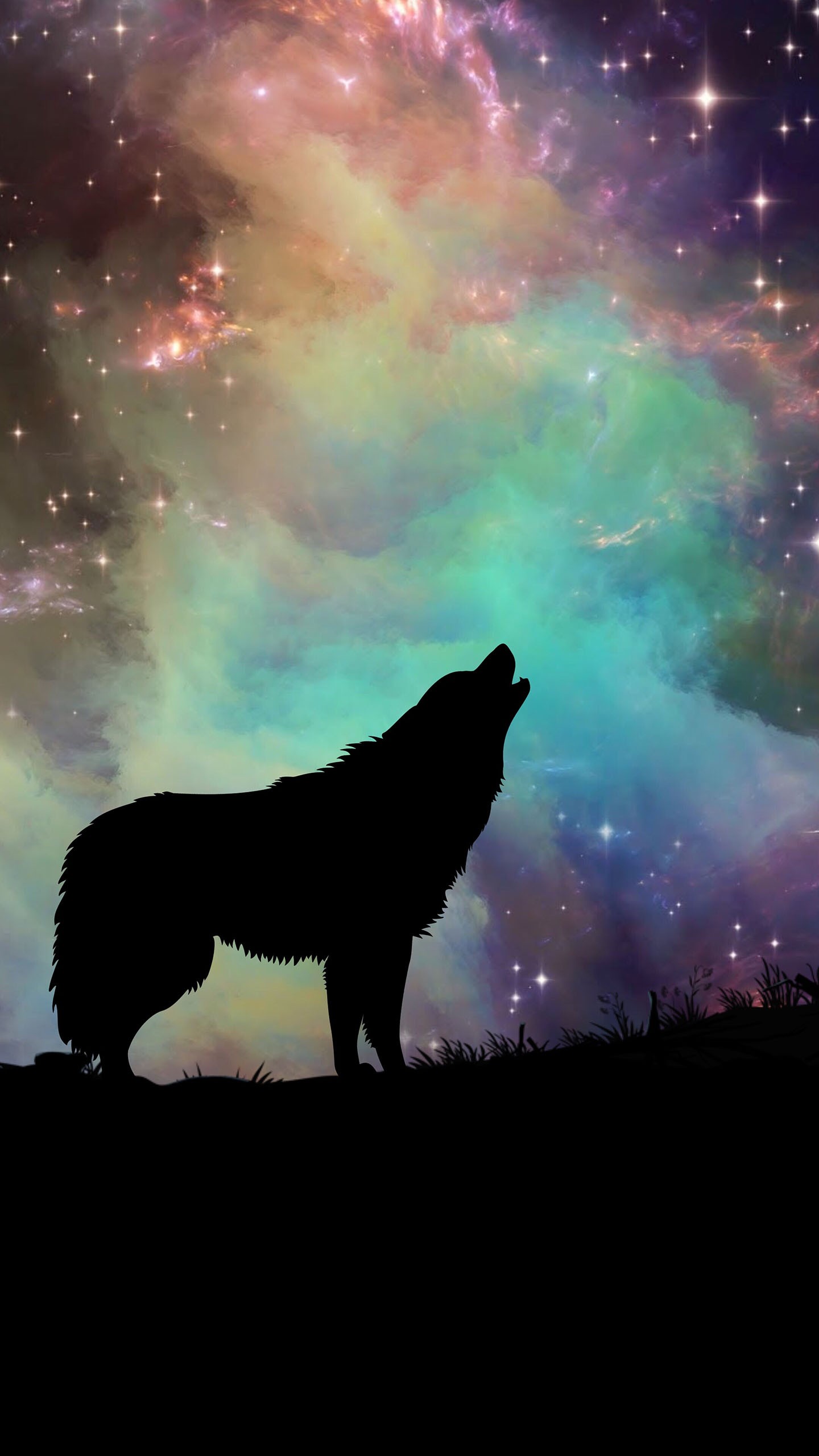 Descarga gratuita de fondo de pantalla para móvil de Animales, Cielo, Noche, Silueta, Nebulosa, Lobo, Wolves.