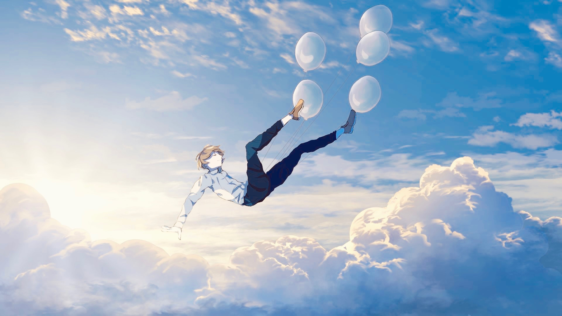 Скачать обои бесплатно Аниме, Небо, Облака, Воздушный Шар, Кукла картинка на рабочий стол ПК