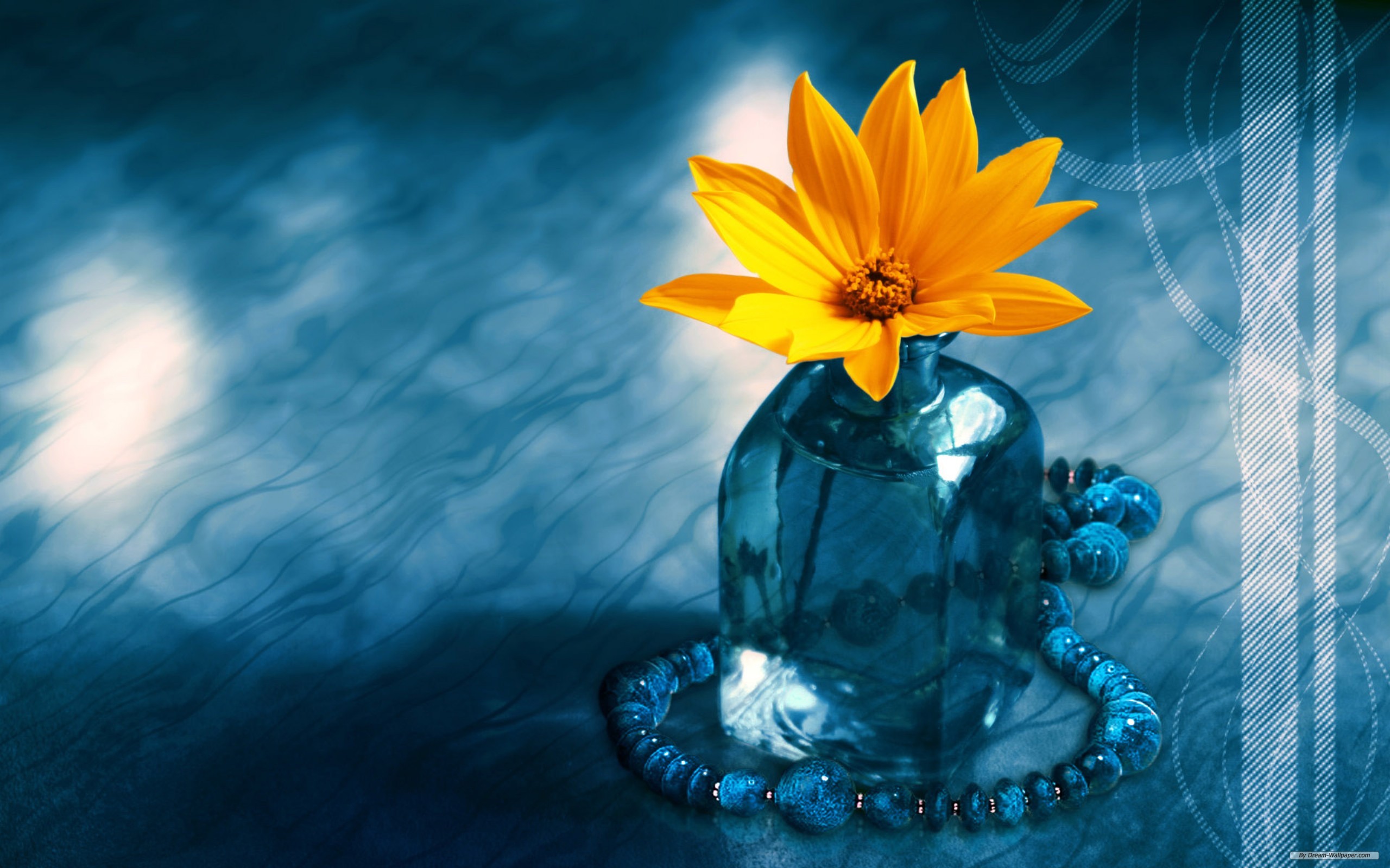 yellow flower, 3d art, flower, blue, artistic