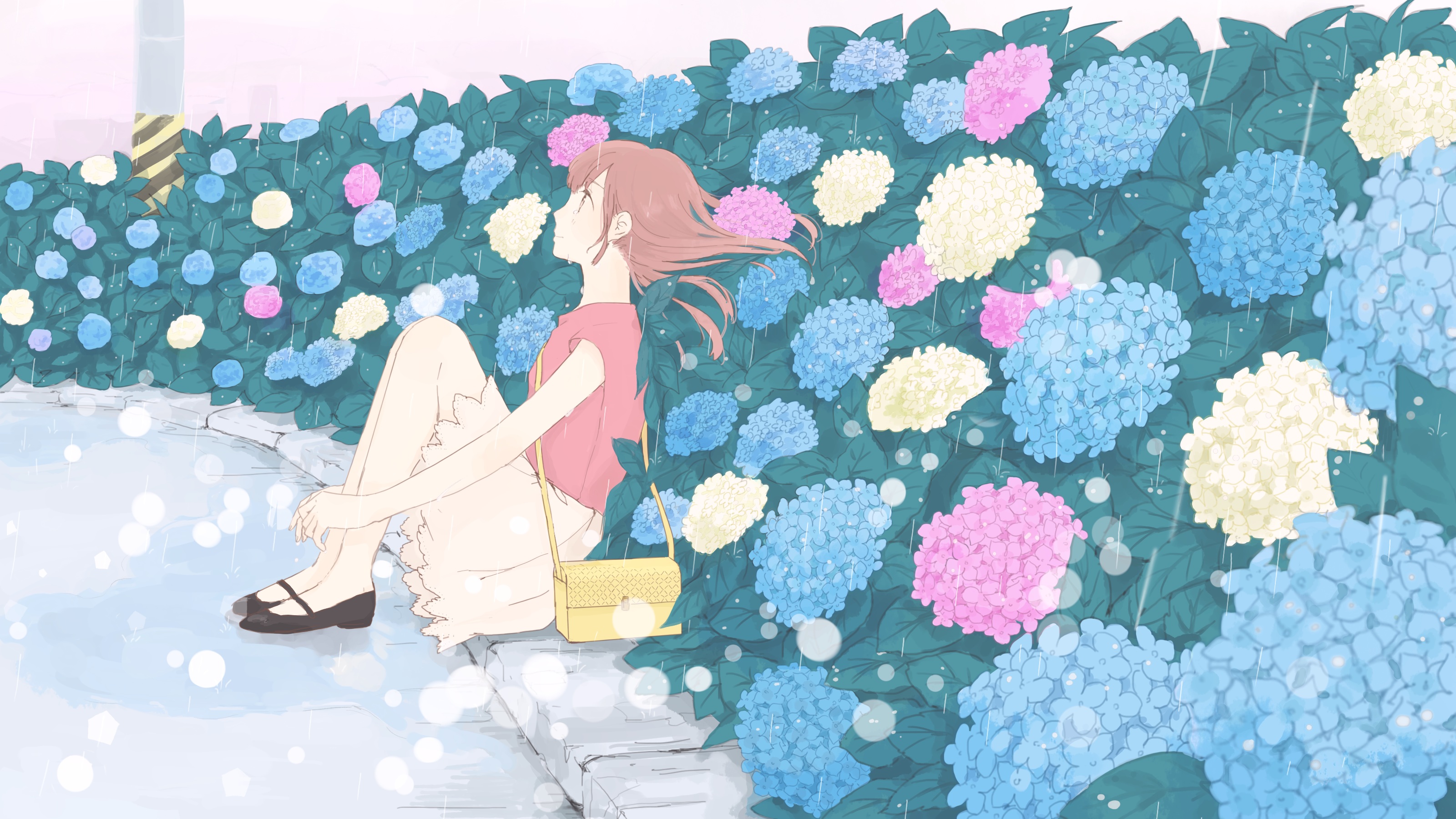 Download mobile wallpaper Anime, Flower, Bag, Skirt, Original, Pink Hair, Long Hair for free.