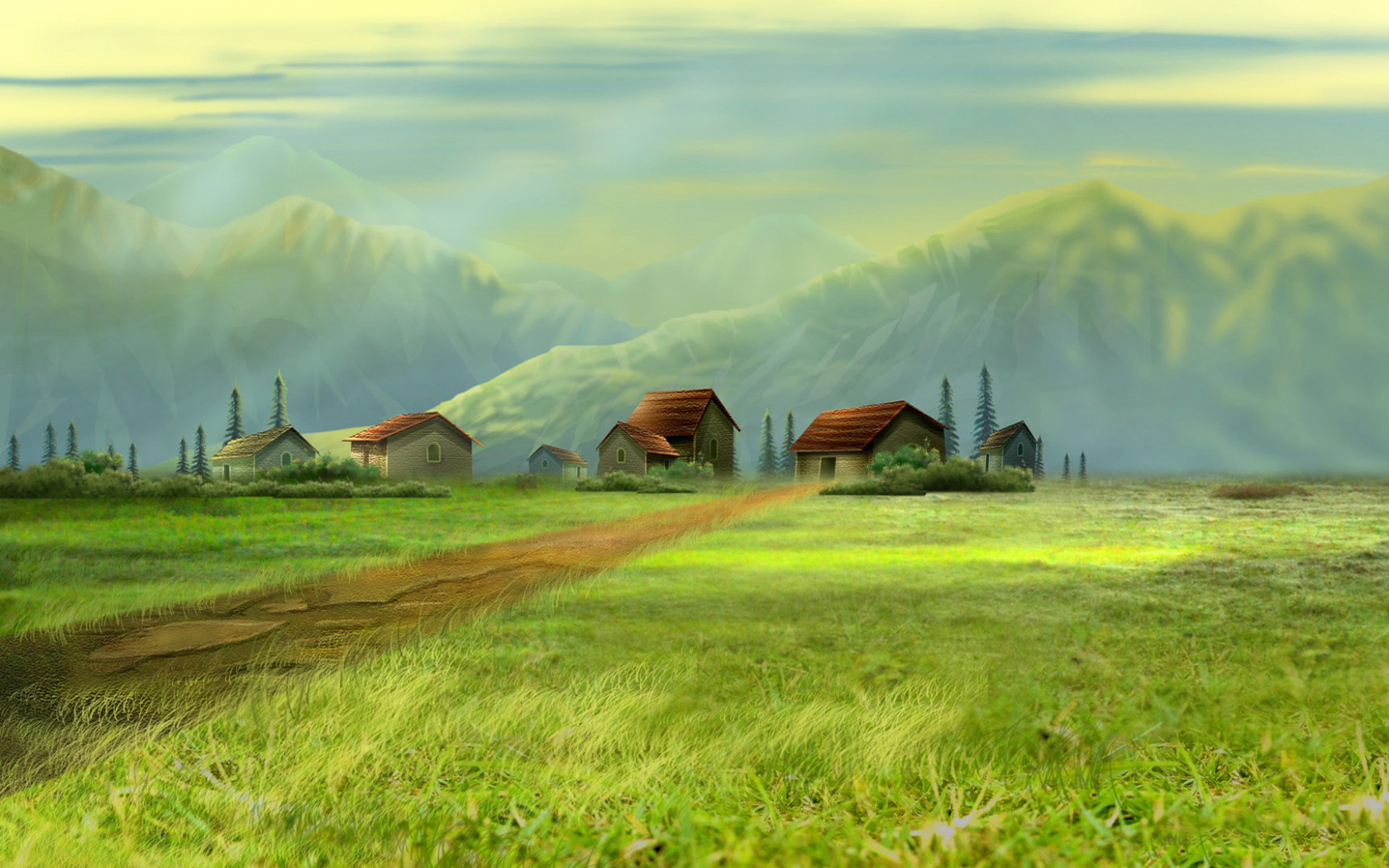 Free download wallpaper Landscape, Houses, Trees, Grass, Mountains, Pictures on your PC desktop