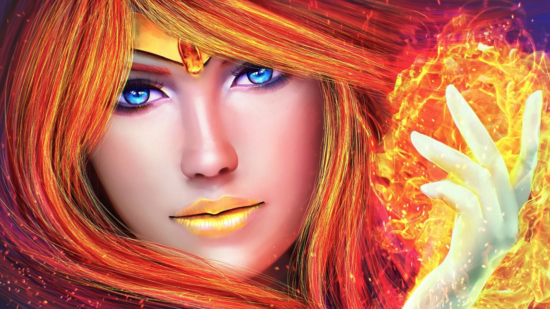 Download mobile wallpaper Magic, Fantasy, Fire, Redhead, Face, Women, Blue Eyes for free.