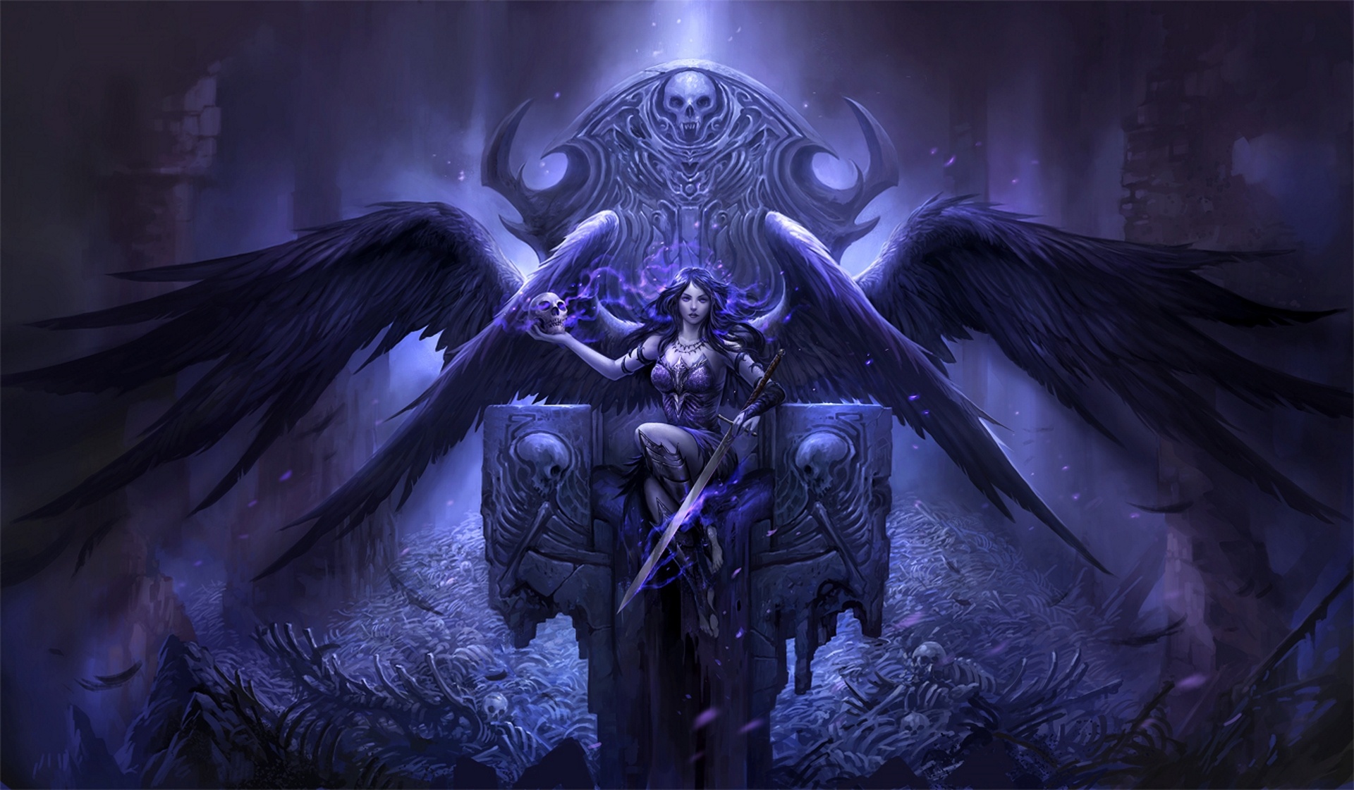 skull, wings, fantasy, angel warrior, angel, gothic, skeleton, sword, throne